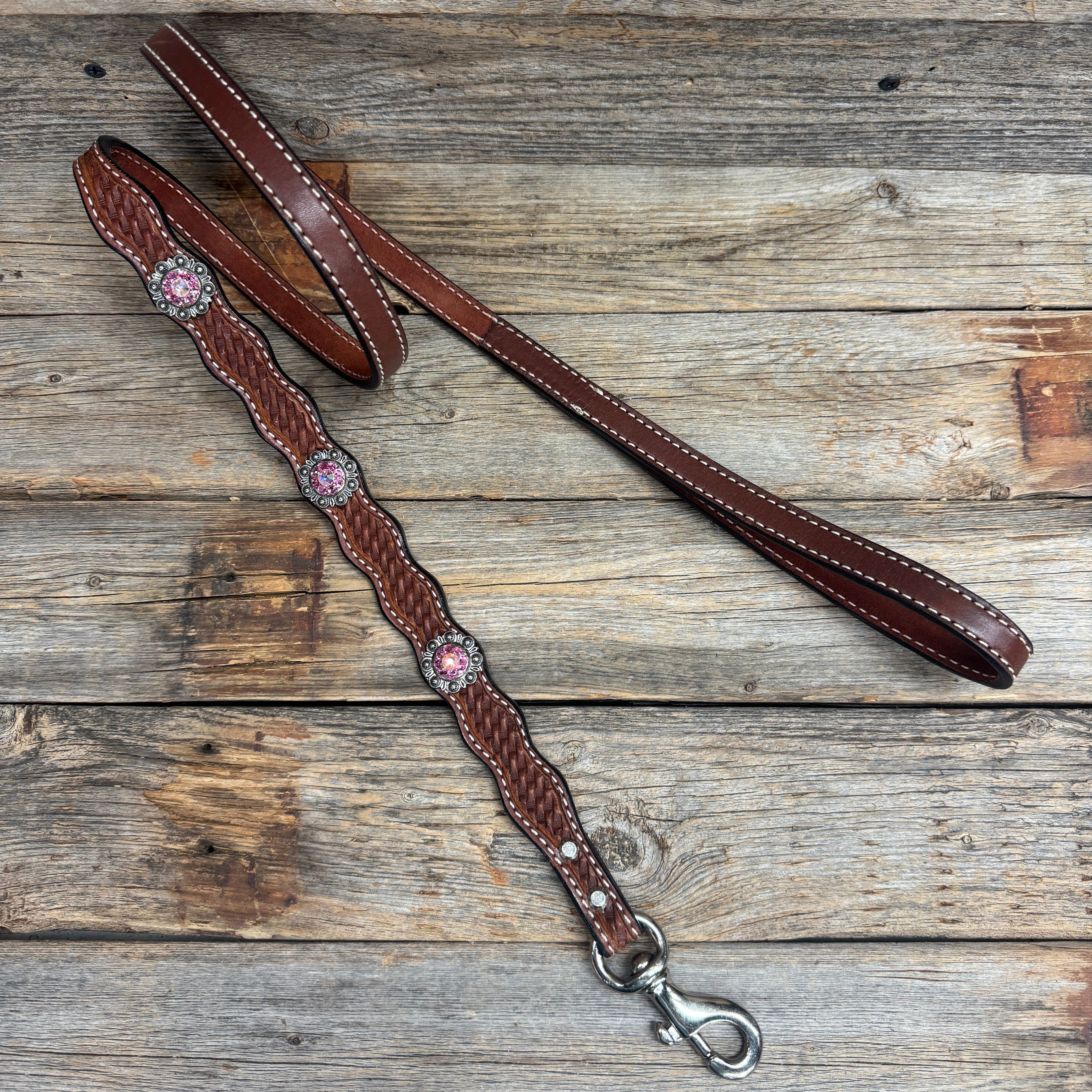 Genuine Leather Dog Collar or Leash With Antique Silver Pink and AB Conchos 10" to 22" orDC40 — view 7