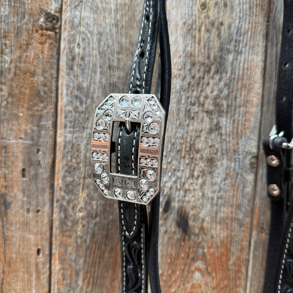 Black Floral Tooled Black and White Bling Browband & Breastcollar Tack Set #BBBC653 — view 5