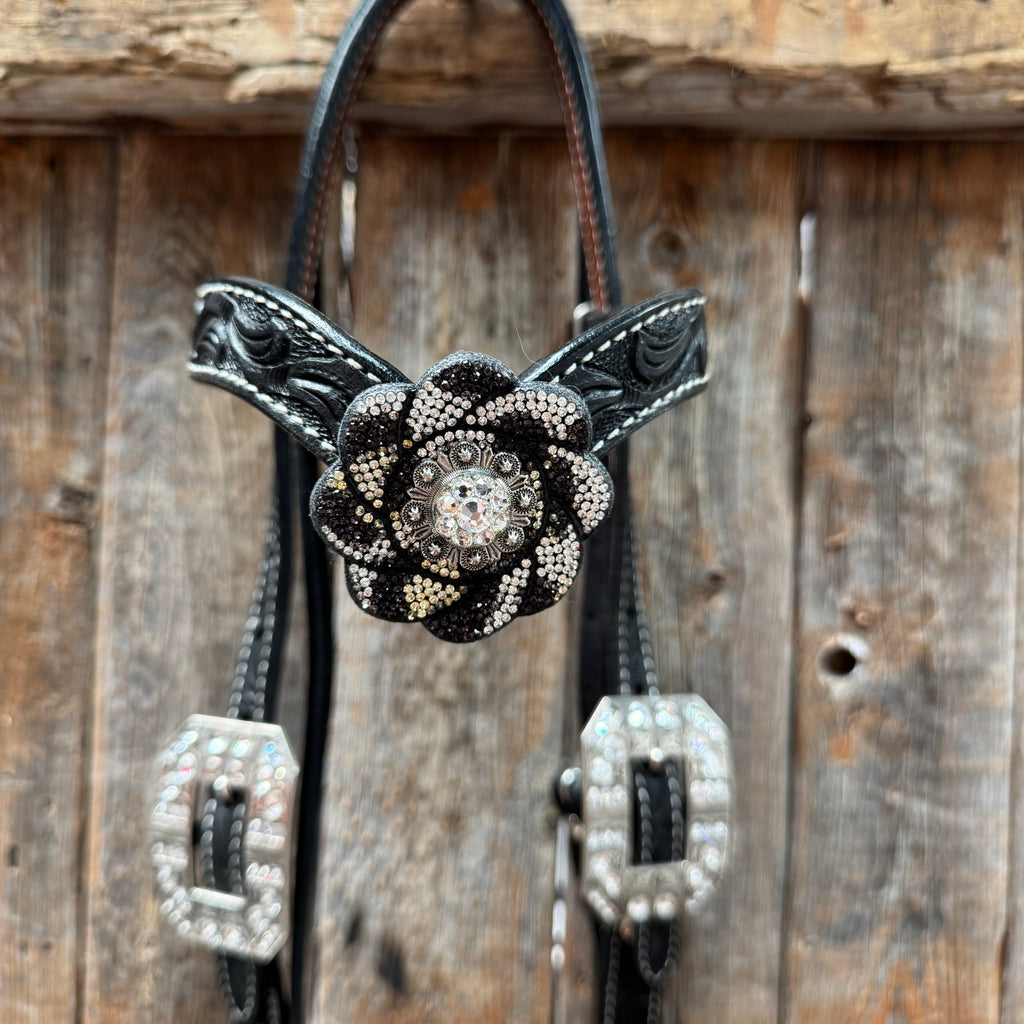 Black Floral Tooled Black and White Bling Browband & Breastcollar Tack Set #BBBC653 — view 3