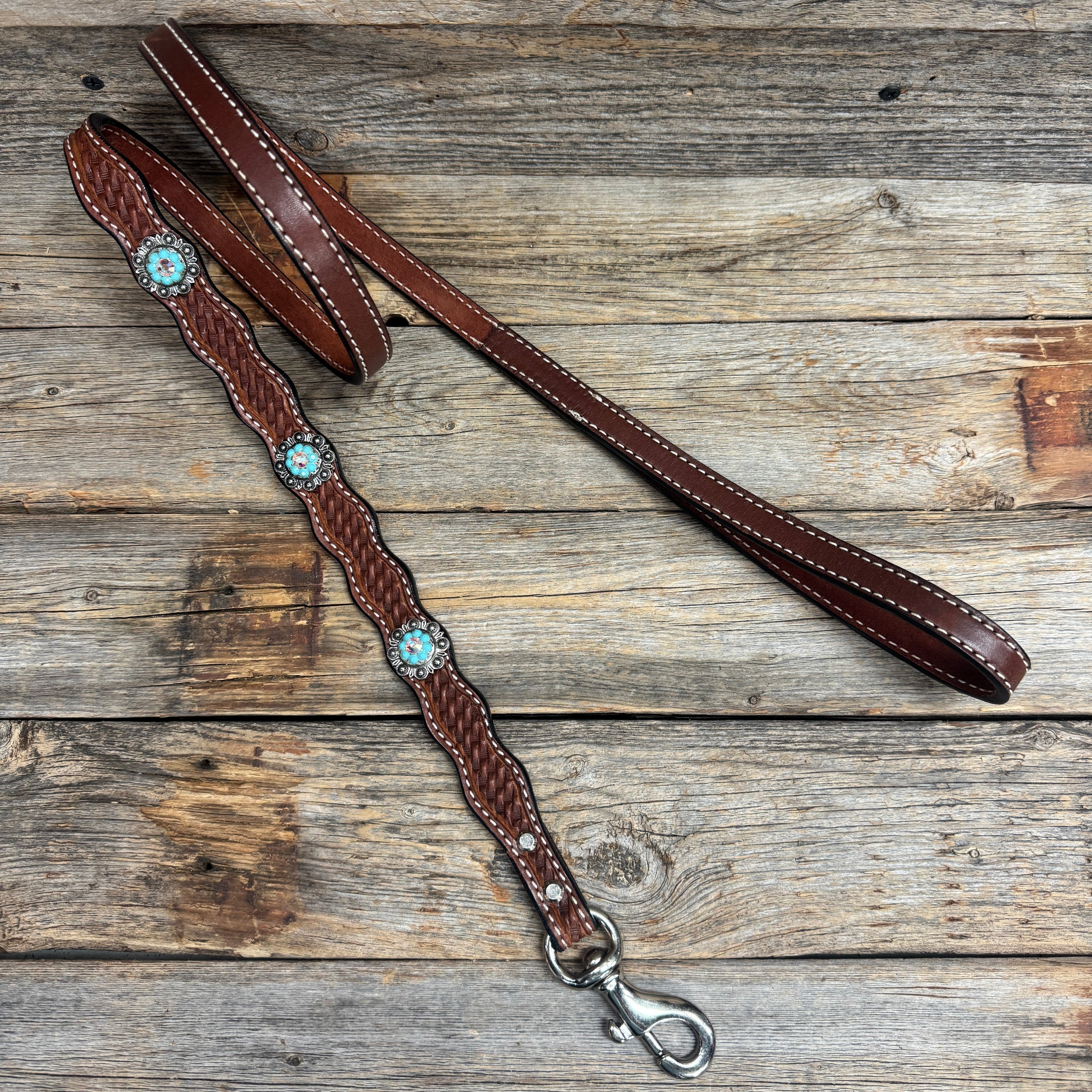 Genuine Leather Dog Collar or Leash With Antique Silver Turquoise and AB Conchos 10" to 22" orDC5 — view 7