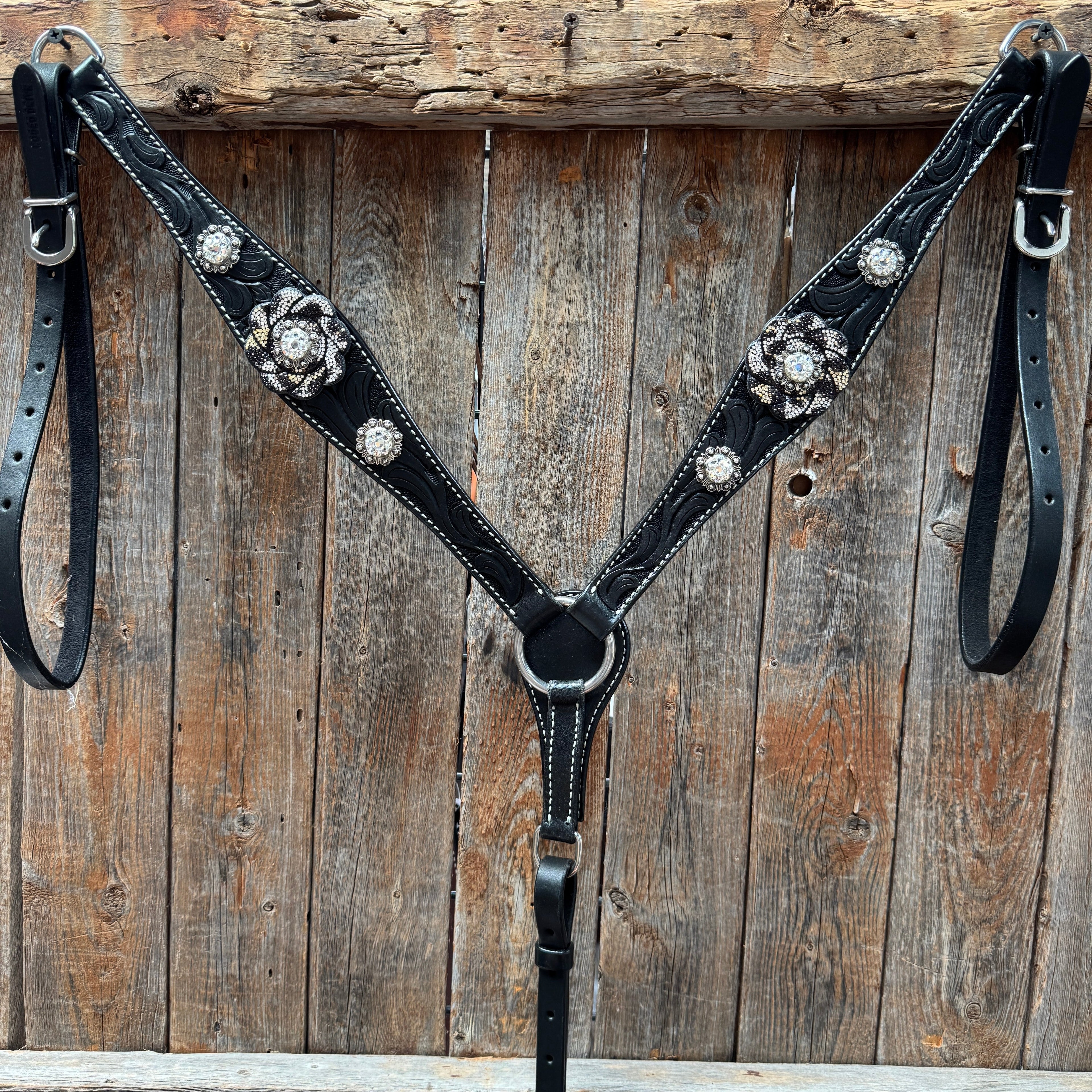 Black Floral Tooled Black and White Bling Browband & Breastcollar Tack Set #BBBC653 — view 6
