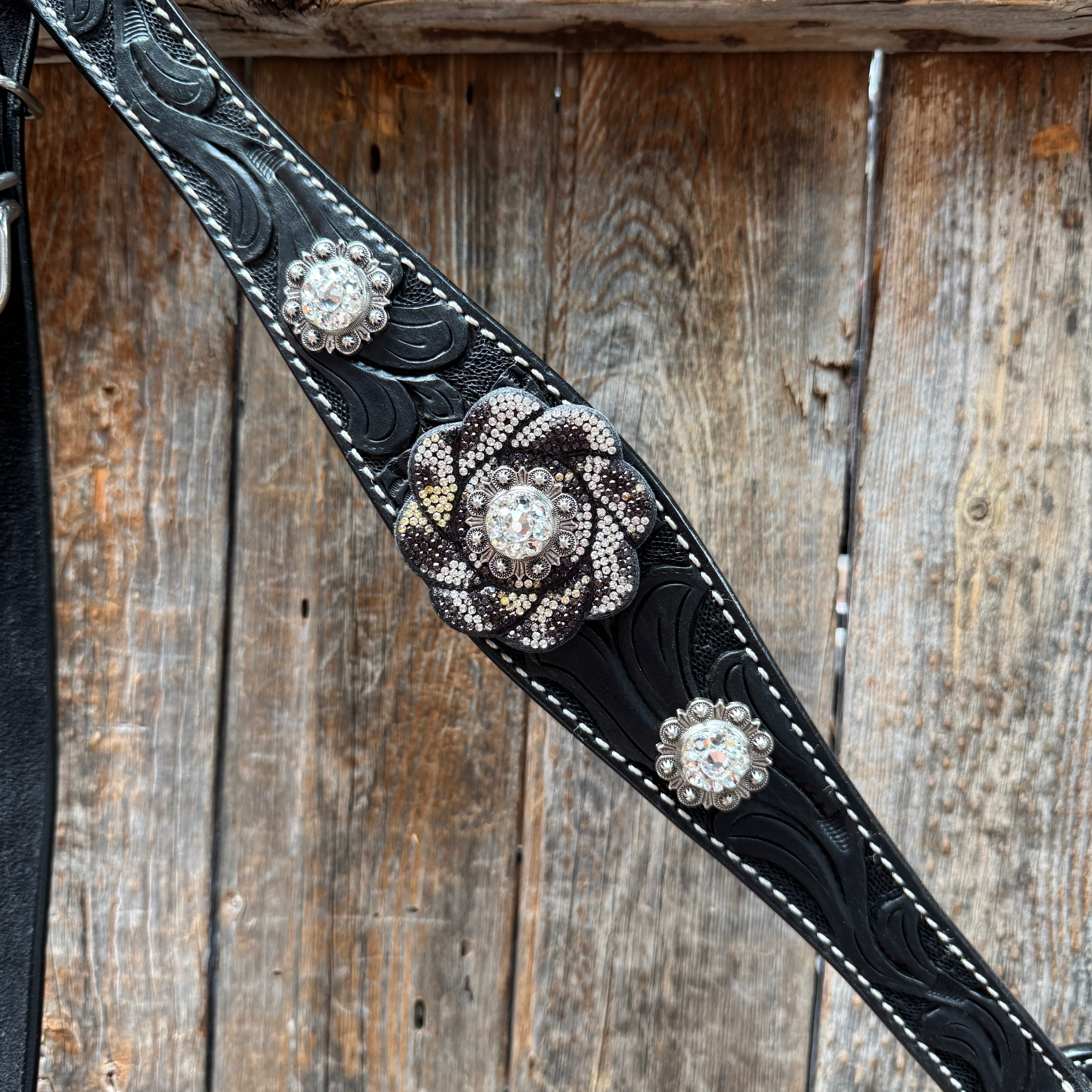 Black Floral Tooled Black and White Bling Browband & Breastcollar Tack Set #BBBC653 — view 7
