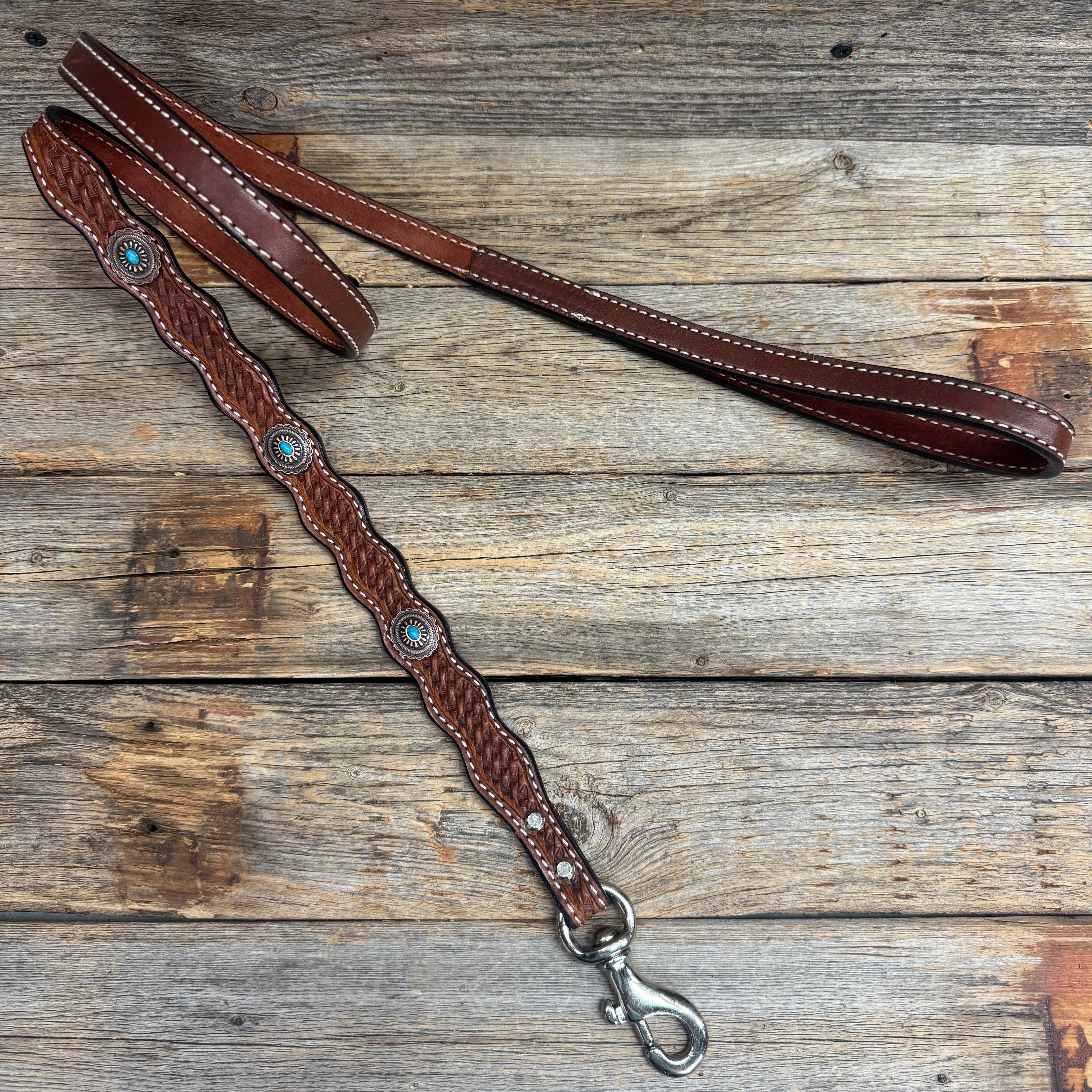 Genuine Leather Dog Collar or Leash With Oval Copper Turquoise Conchos 10" to 22" or W179S or DC76 — view 7