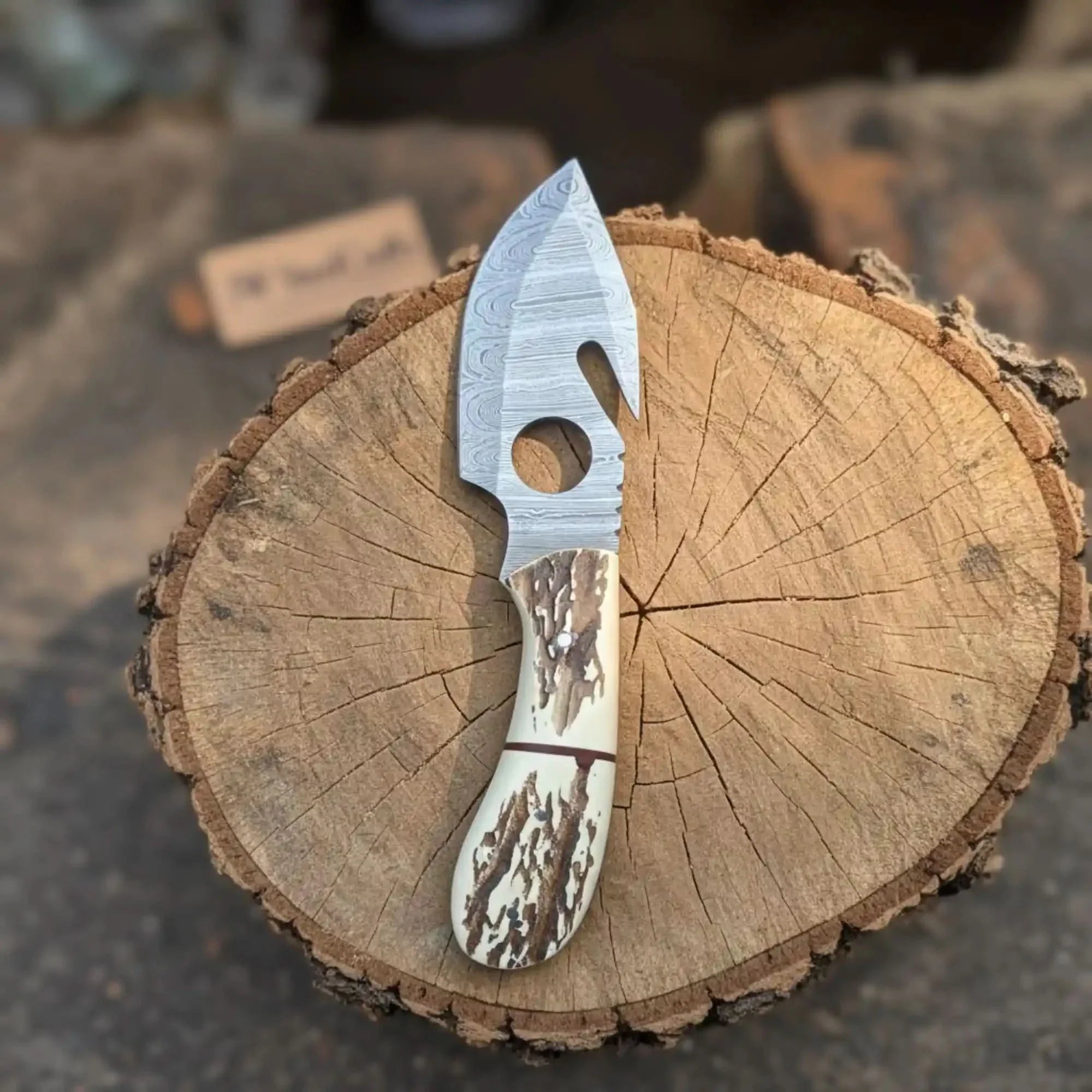 Handmade Damascus Gut Hook Skinner Hunting Knife Fixed Blade Synthetic Stag Handle with Thumb Hole