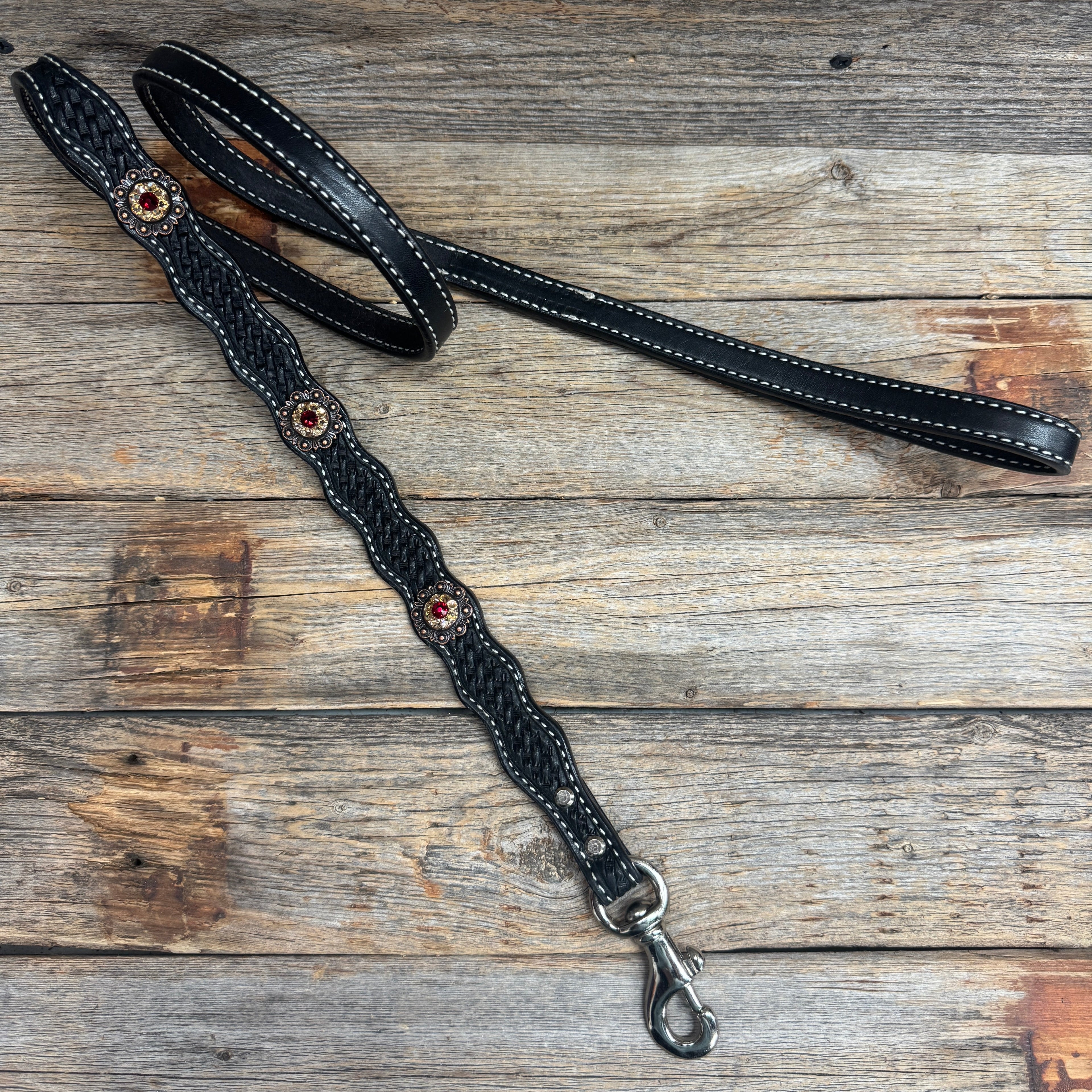 Genuine Leather Dog Collar or Leash With Copper Ruby and Champagne Conchos 10" to 22" orDC38 — view 8