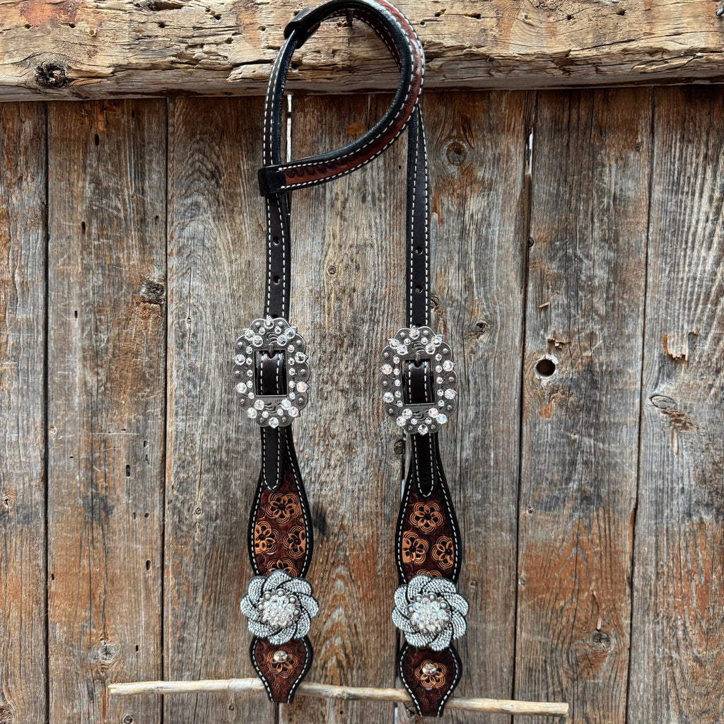 Flower Power Black and Clear One Ear Headstall & Breastcollar Tack Set #OEBC656 — view 2