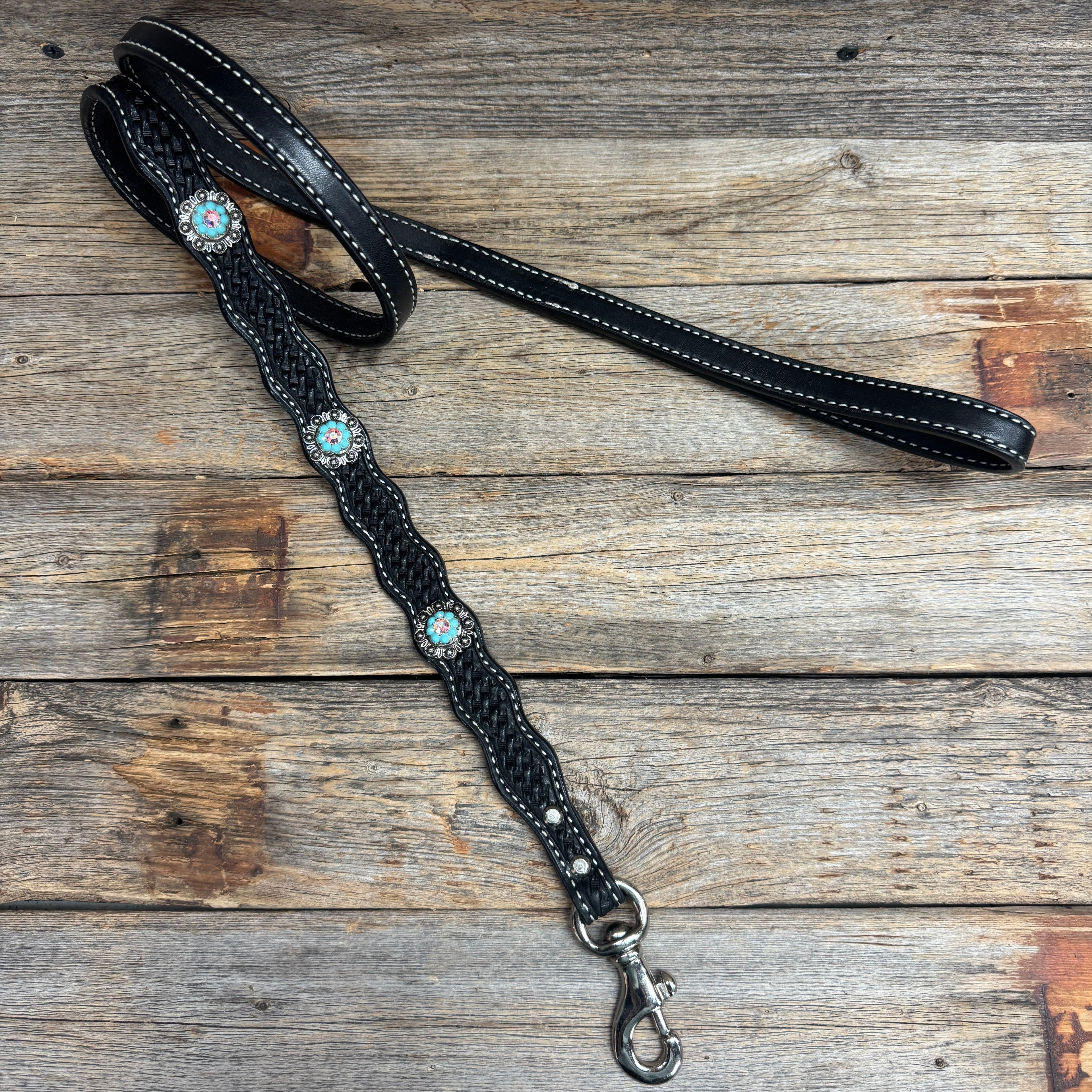 Genuine Leather Dog Collar or Leash With Antique Silver Turquoise and AB Conchos 10" to 22" orDC5 — view 8
