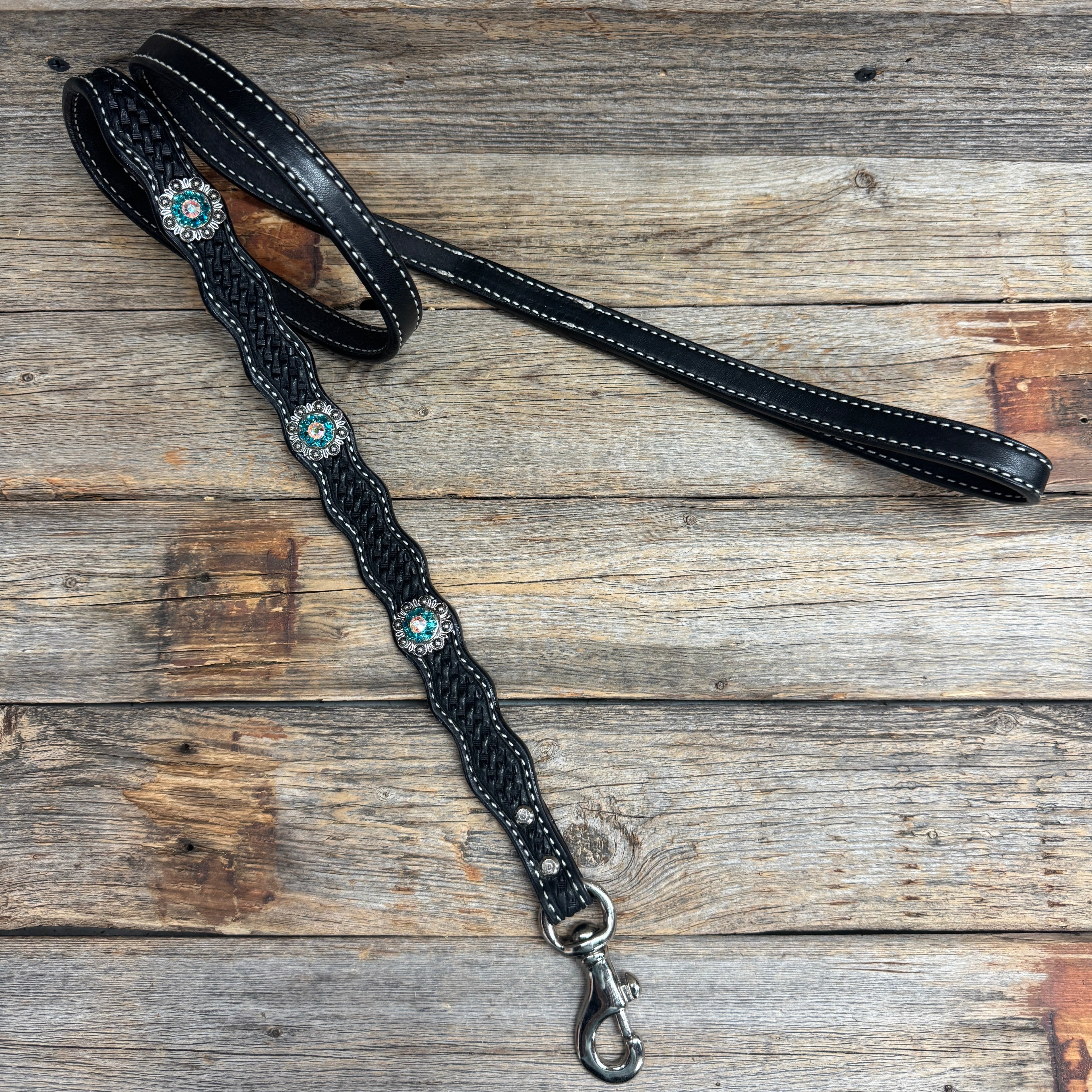Genuine Leather Dog Collar or Leash With Antique Silver Teal and AB Conchos 10" to 22" orDC45 — view 8