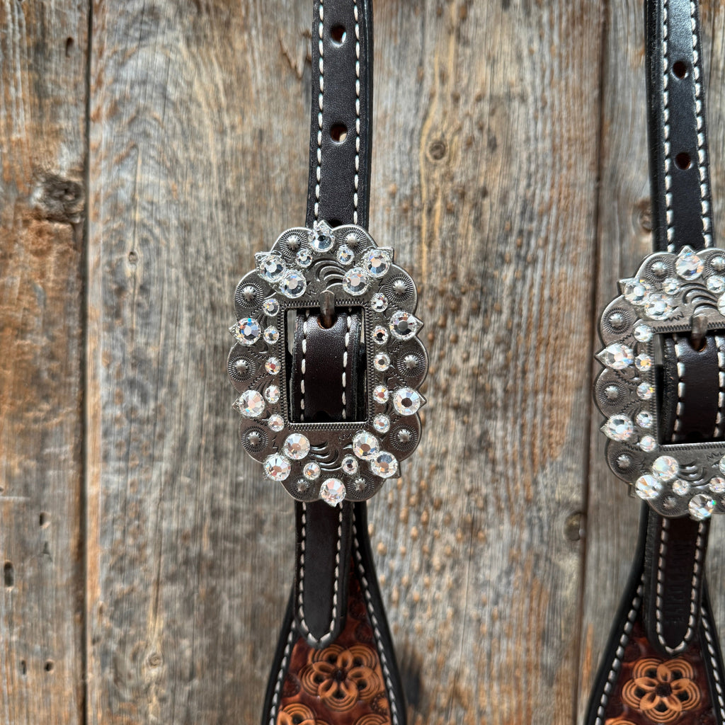 Flower Power Black and Clear One Ear Headstall & Breastcollar Tack Set #OEBC656 — view 4