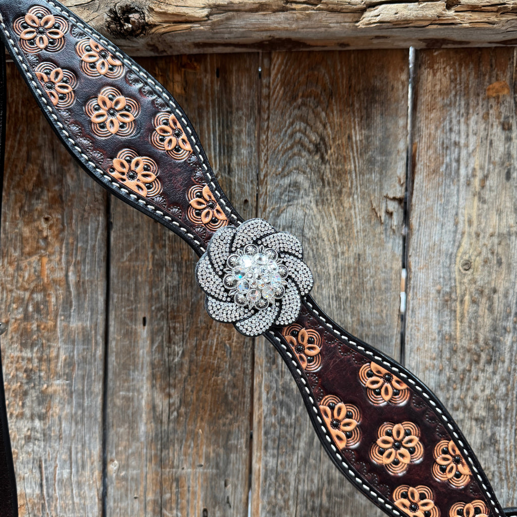 Flower Power Black and Clear One Ear Headstall & Breastcollar Tack Set #OEBC656 — view 7