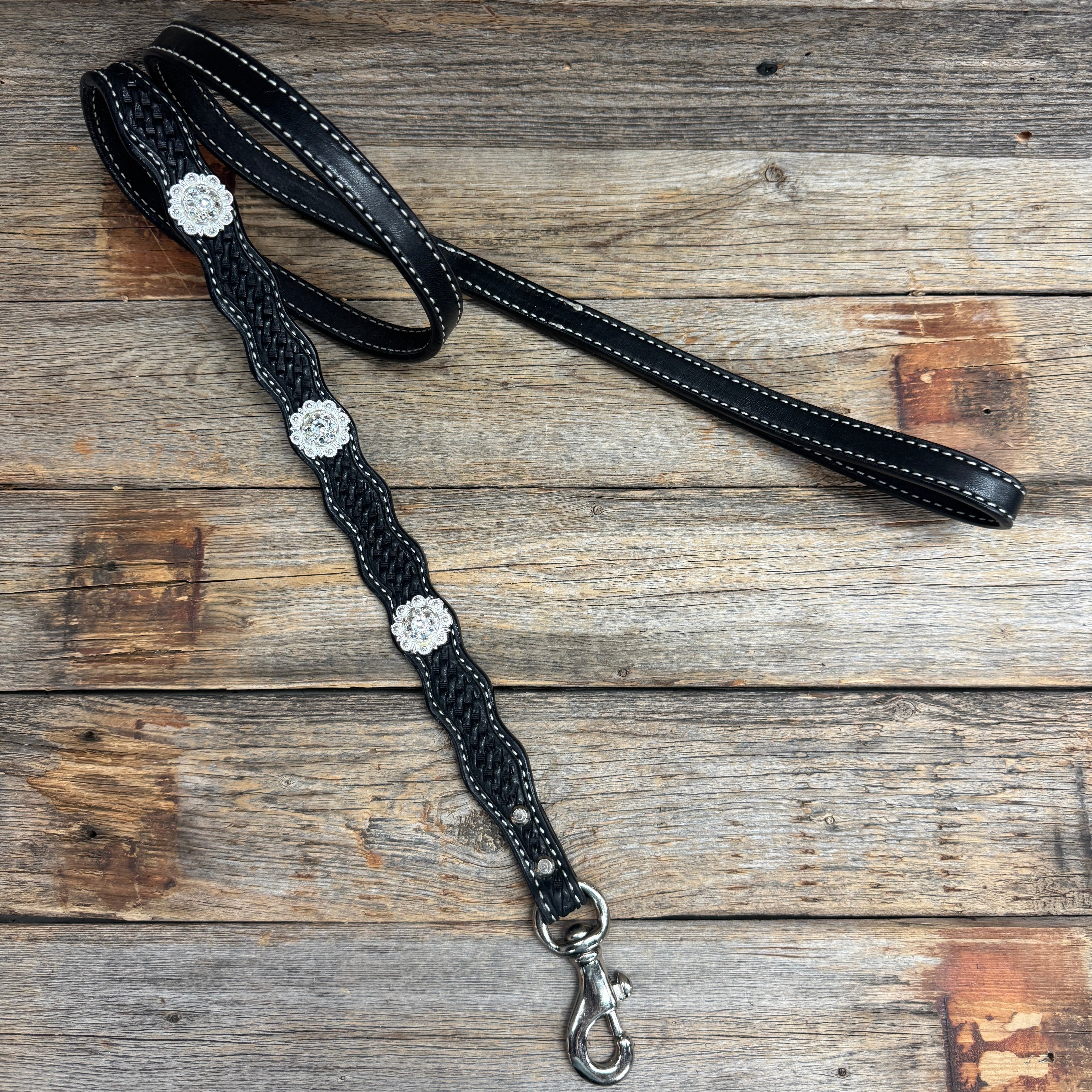 Genuine Leather Dog Collar or Leash With Bright Silver Clear Conchos 10" to 22" DC1 — view 8