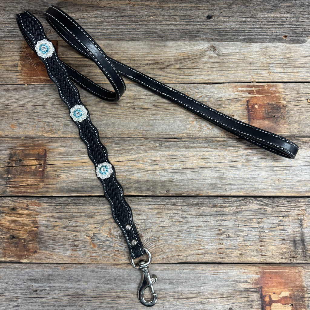 Genuine Leather Dog Collar or Leash With Bright Silver Aqua and Clear Conchos 10" to 22" orDC47 — view 8
