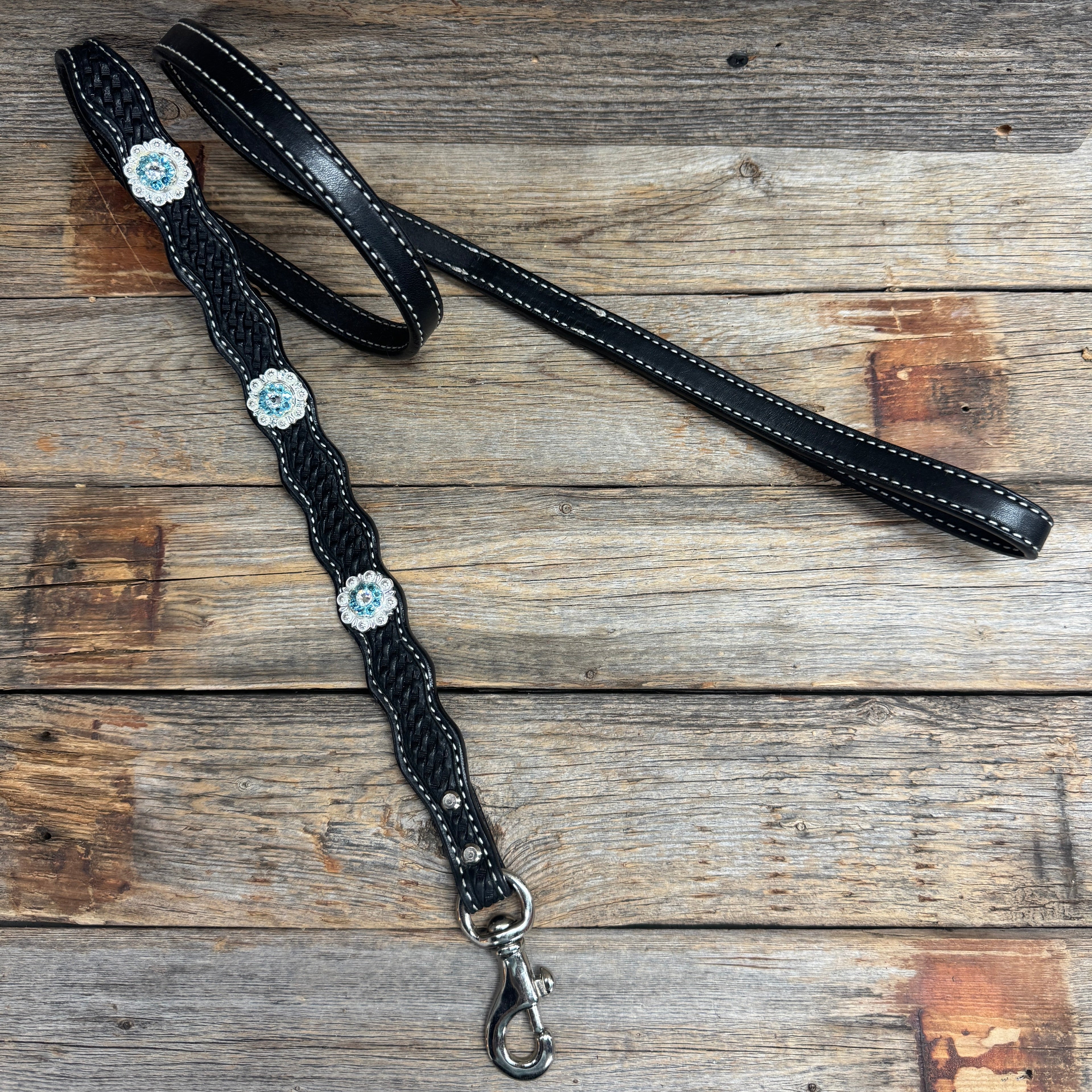Genuine Leather Dog Collar or Leash With Bright Silver Aqua and Clear Conchos 10" to 22" orDC47 — view 8