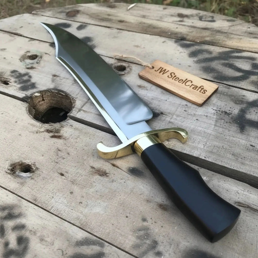 Carbon Steel 10-Inch Clip Point Bowie Knife — Black Handle, Brass S-Guard & Mirror Polished Blade