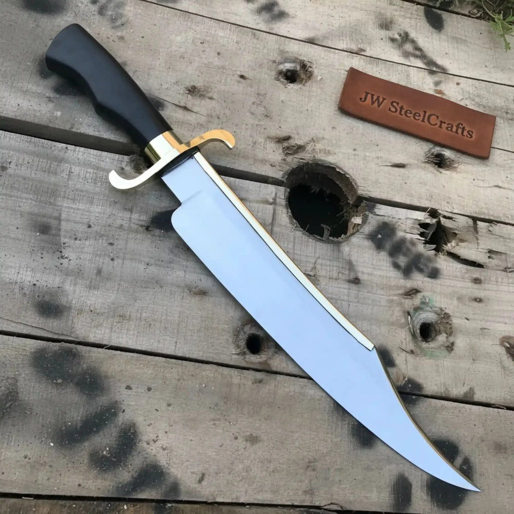 Carbon Steel 10-Inch Clip Point Bowie Knife — Black Handle, Brass S-Guard & Mirror Polished Blade