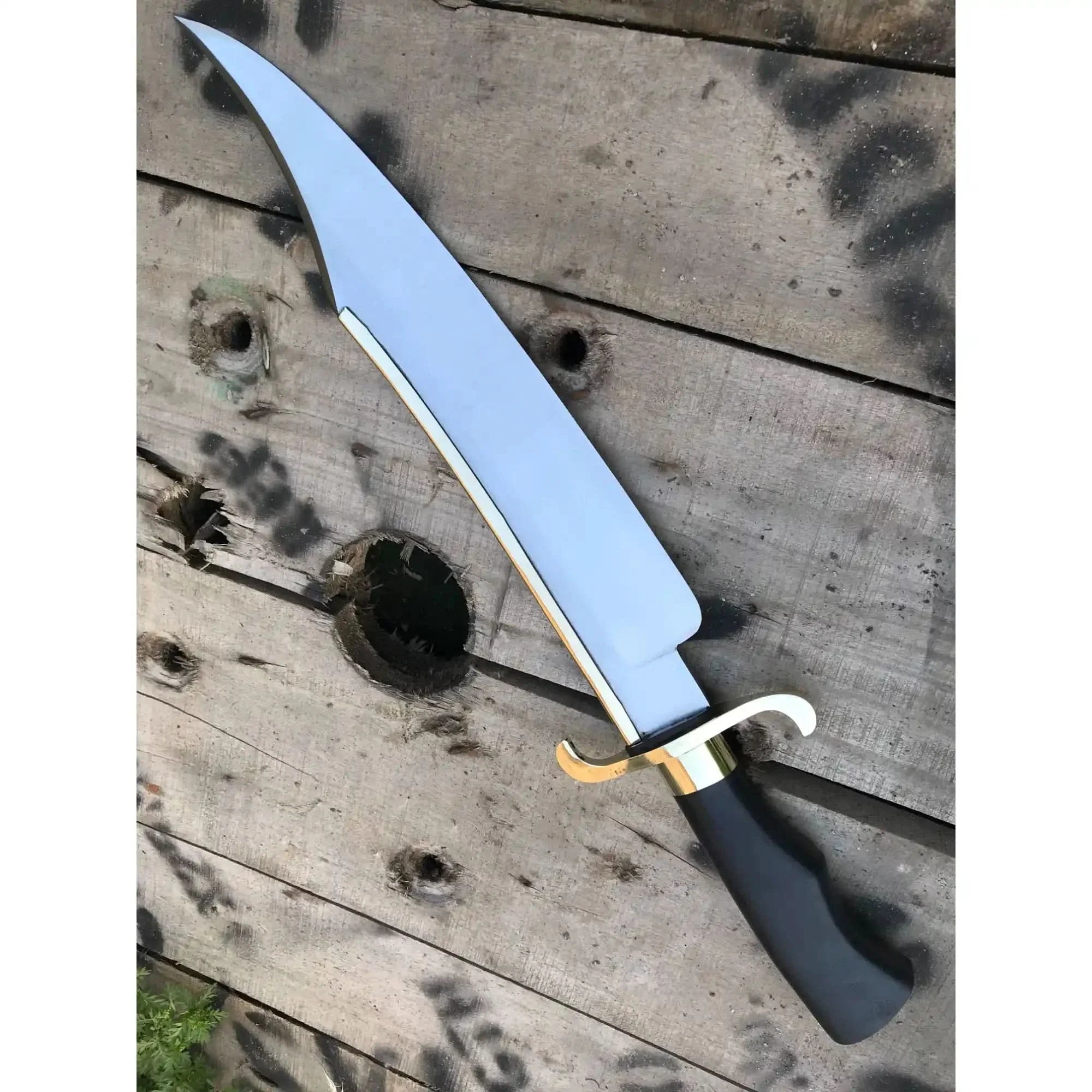 Carbon Steel 10-Inch Clip Point Bowie Knife — Black Handle, Brass S-Guard & Mirror Polished Blade