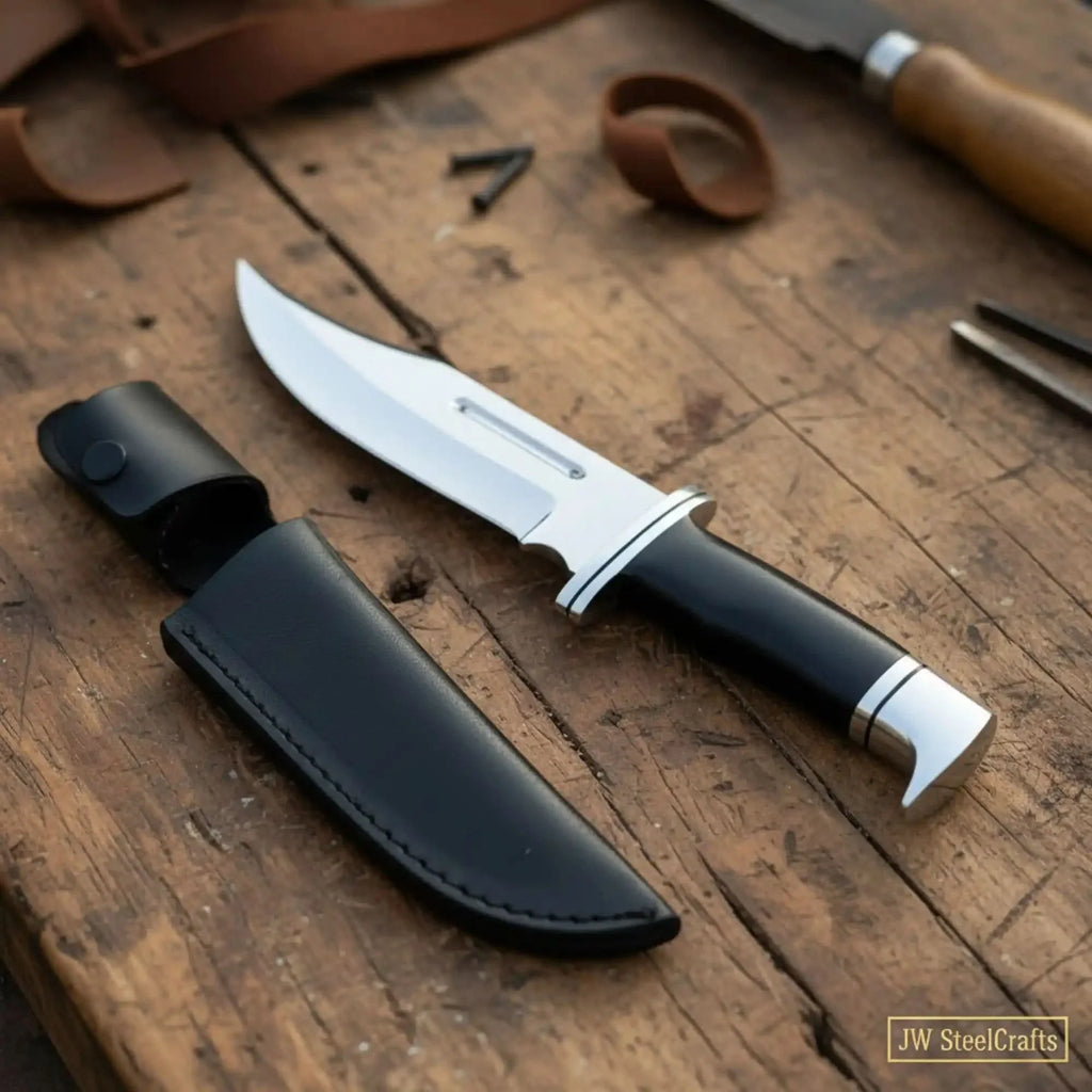 Carbon Steel Clip Point Bowie Knife — Black Resin Handle, Steel Guard, Steel Pommel & Mirror Polished Blade
