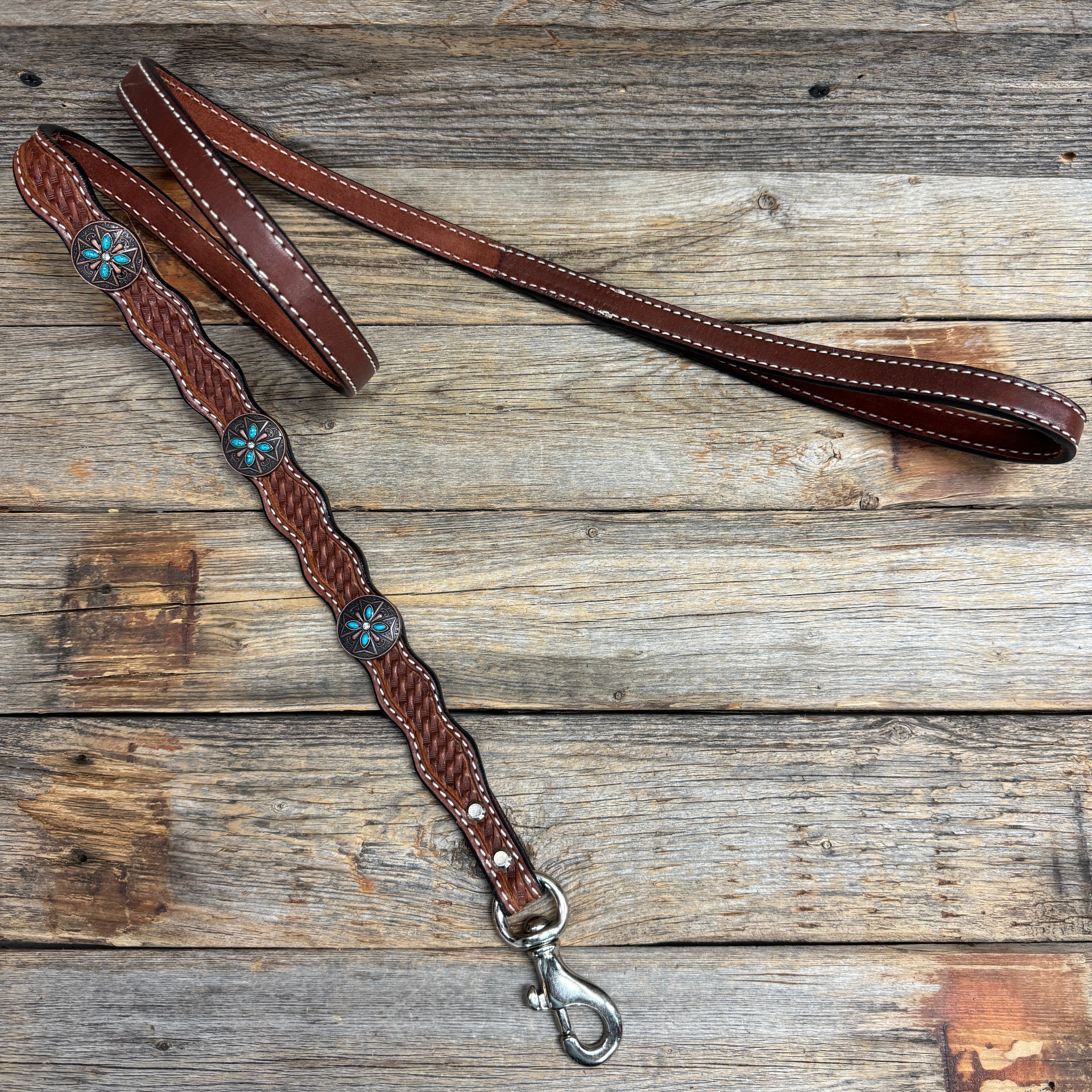 Genuine Leather Dog Collar or Leash with Copper Turquoise & Clear Conchos 10" - 22"|W138|DC78 — view 7