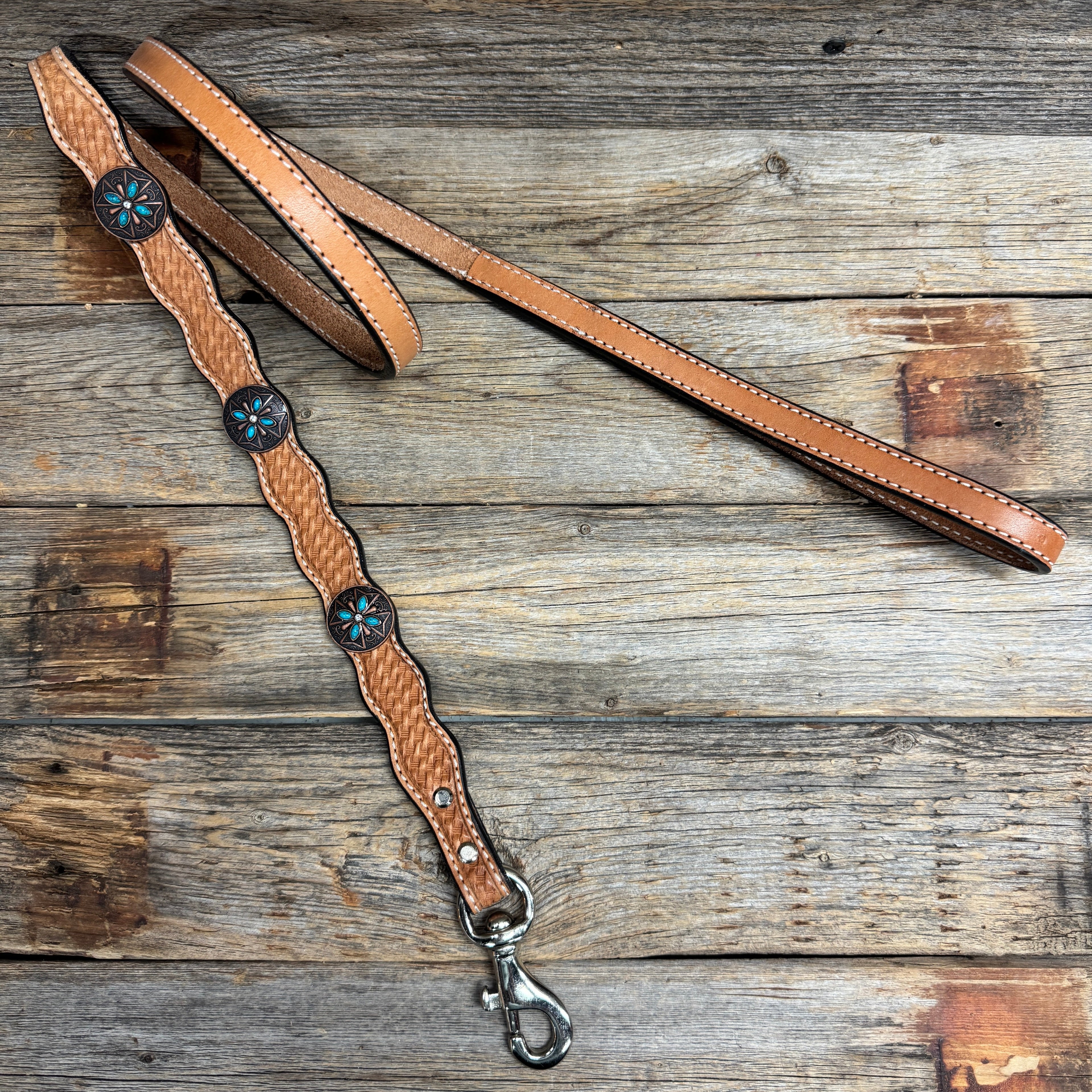 Genuine Leather Dog Collar or Leash with Copper Turquoise & Clear Conchos 10" - 22"|W138|DC78 — view 6