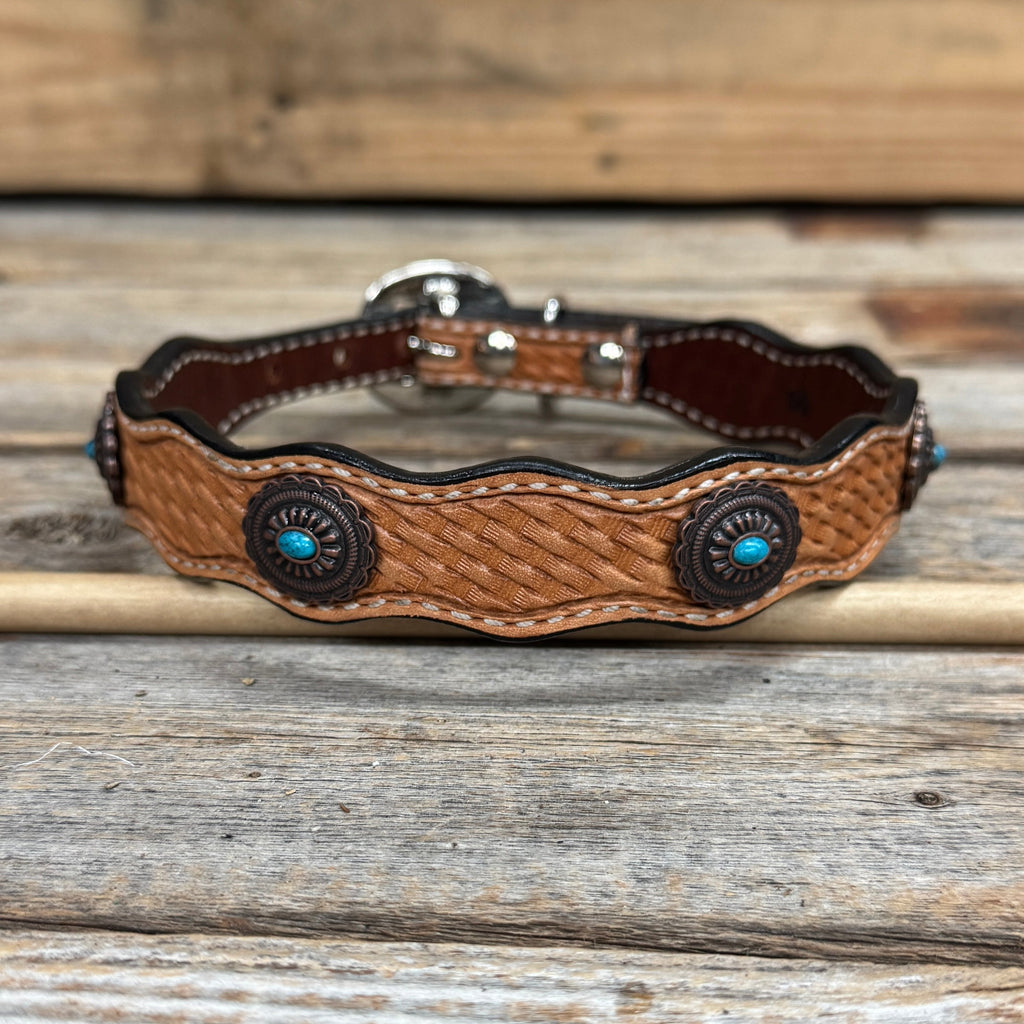 Genuine Leather Dog Collar or Leash With Oval Copper Turquoise Conchos 10" to 22" or W179S or DC76 — view 3