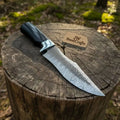 Damascus Trailing Point Fixed Blade Hunting Knife — Forged Ladder Pattern Blade, Black Resin Handle & Steel Guard