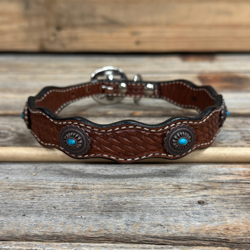 Genuine Leather Dog Collar or Leash With Oval Copper Turquoise Conchos 10" to 22" or W179S or DC76 — view 4