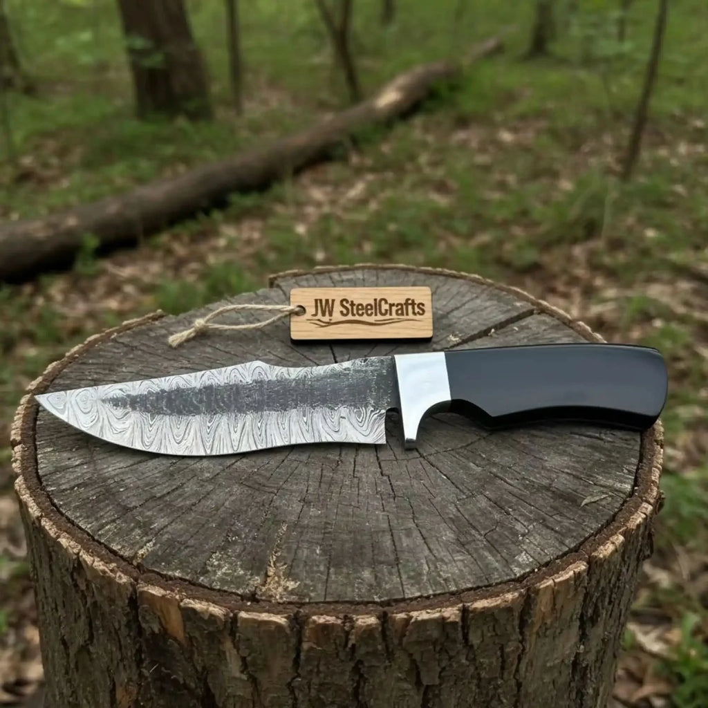 Damascus Trailing Point Fixed Blade Hunting Knife — Forged Ladder Pattern Blade, Black Resin Handle & Steel Guard