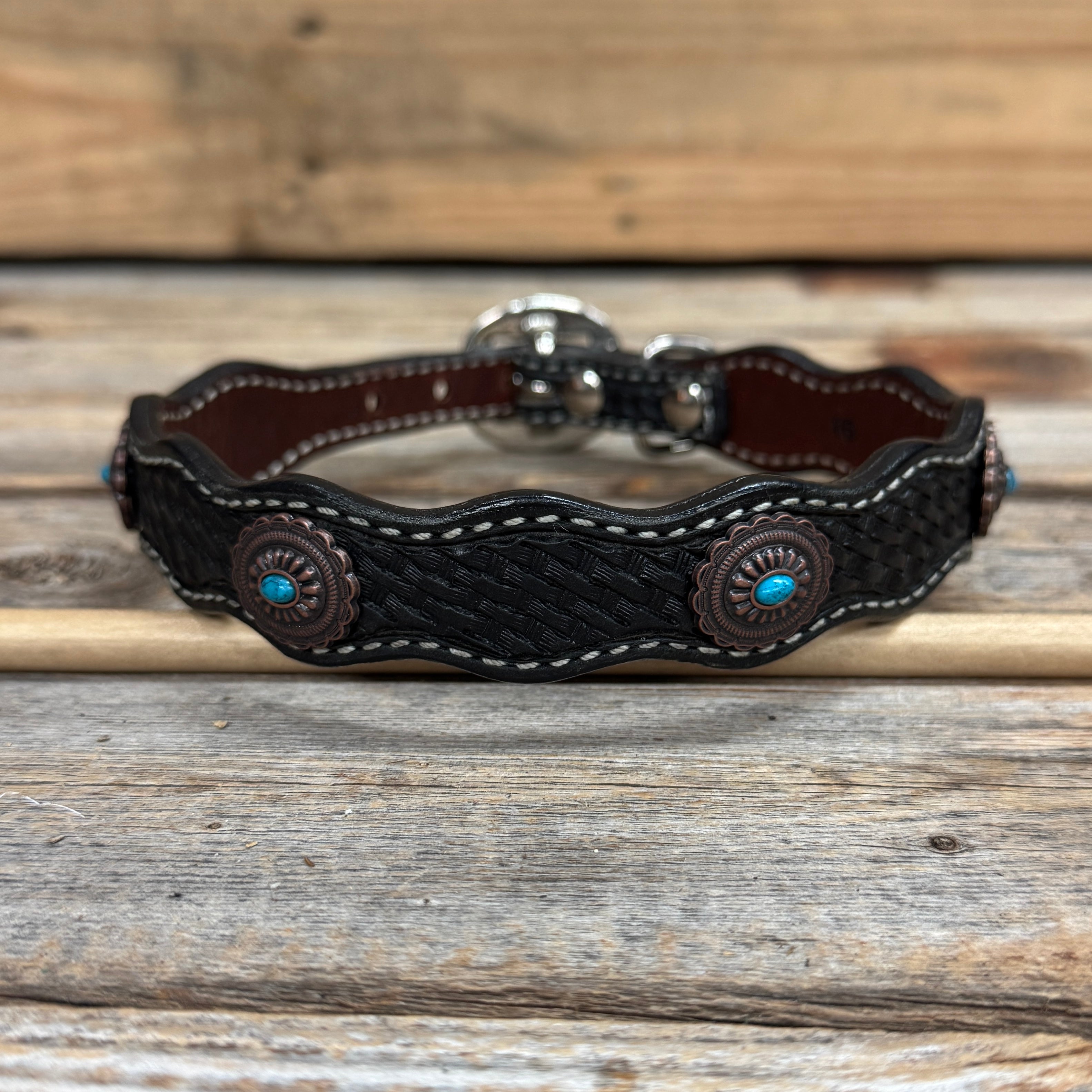 Genuine Leather Dog Collar or Leash With Oval Copper Turquoise Conchos 10" to 22" or W179S or DC76 — view 5