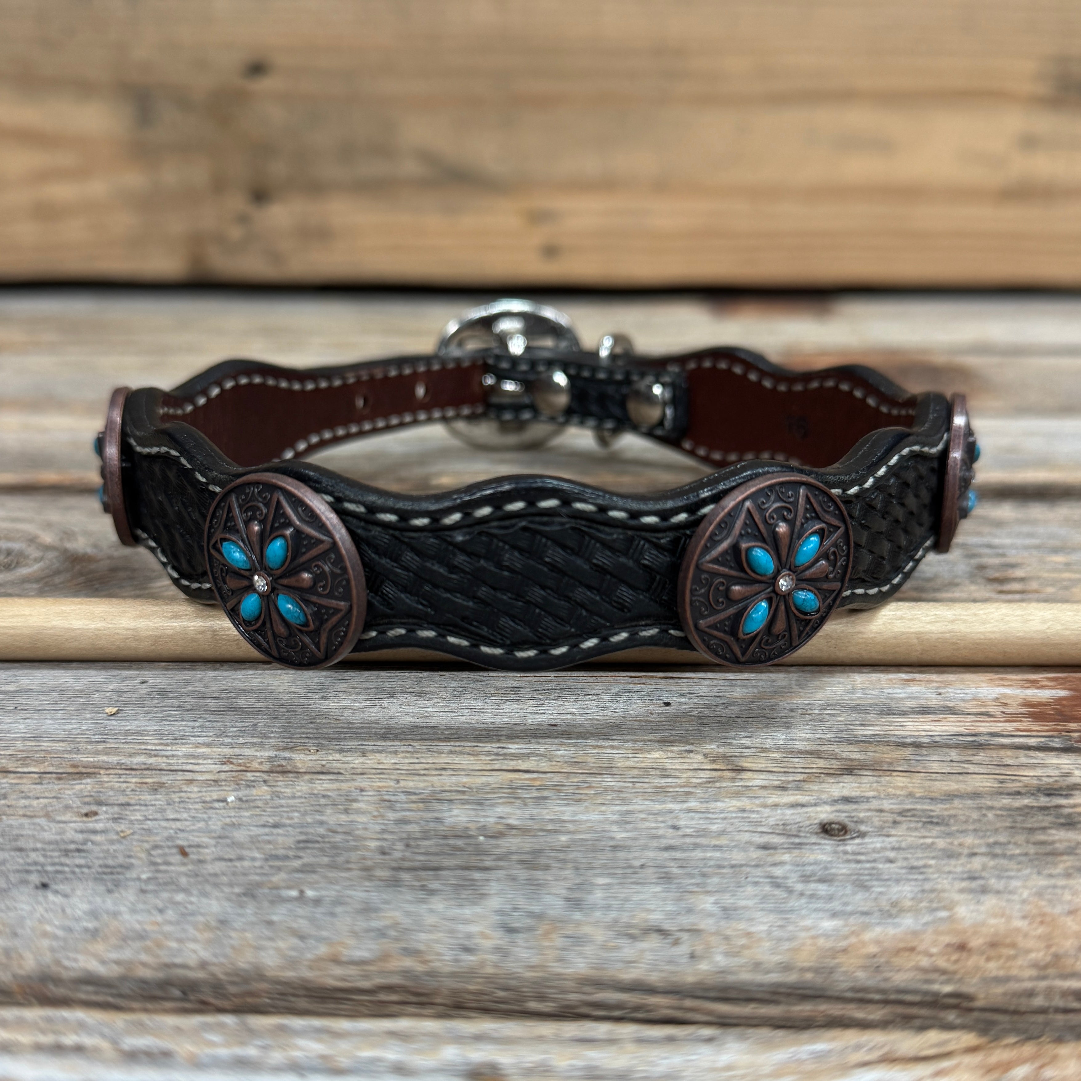 Genuine Leather Dog Collar or Leash with Copper Turquoise & Clear Conchos 10" - 22"|W138|DC78 — view 5