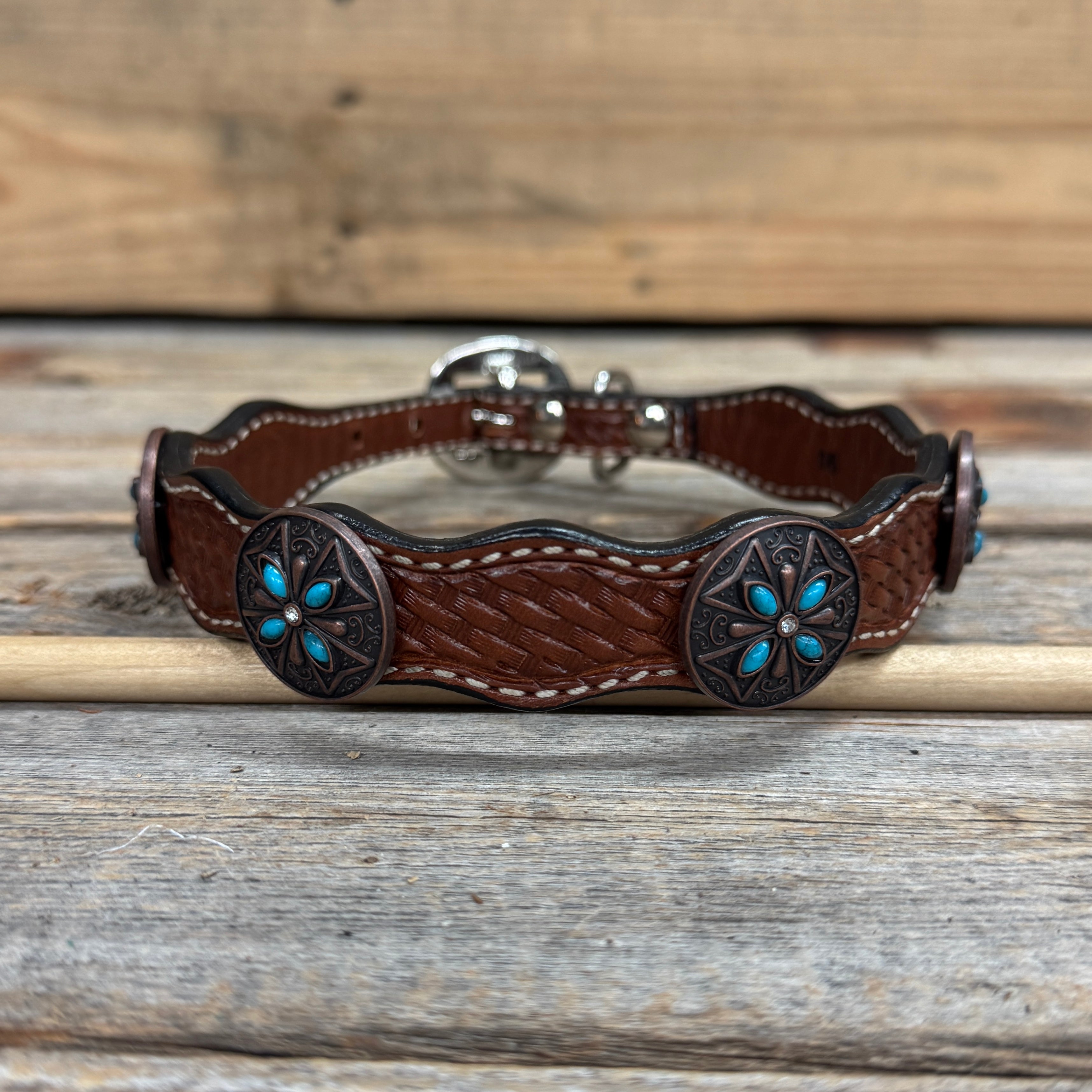 Genuine Leather Dog Collar or Leash with Copper Turquoise & Clear Conchos 10" - 22"|W138|DC78 — view 4