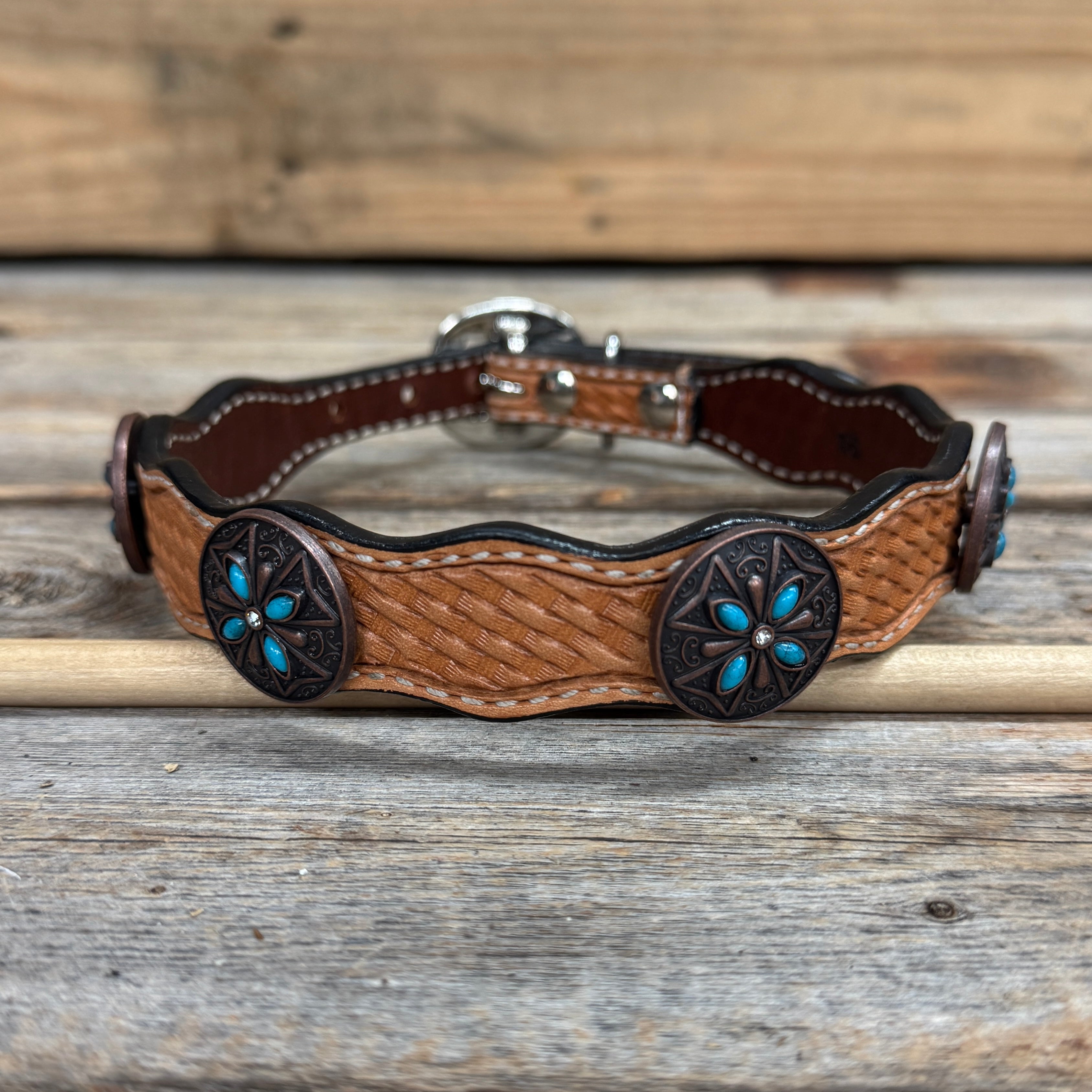Genuine Leather Dog Collar or Leash with Copper Turquoise & Clear Conchos 10" - 22"|W138|DC78 — view 3