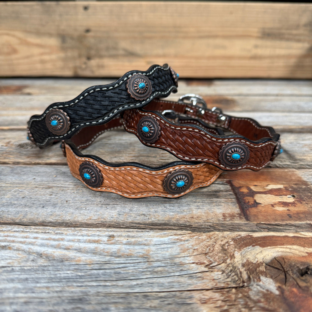 Genuine Leather Dog Collar or Leash With Oval Copper Turquoise Conchos 10" to 22" or W179S or DC76 — view 2