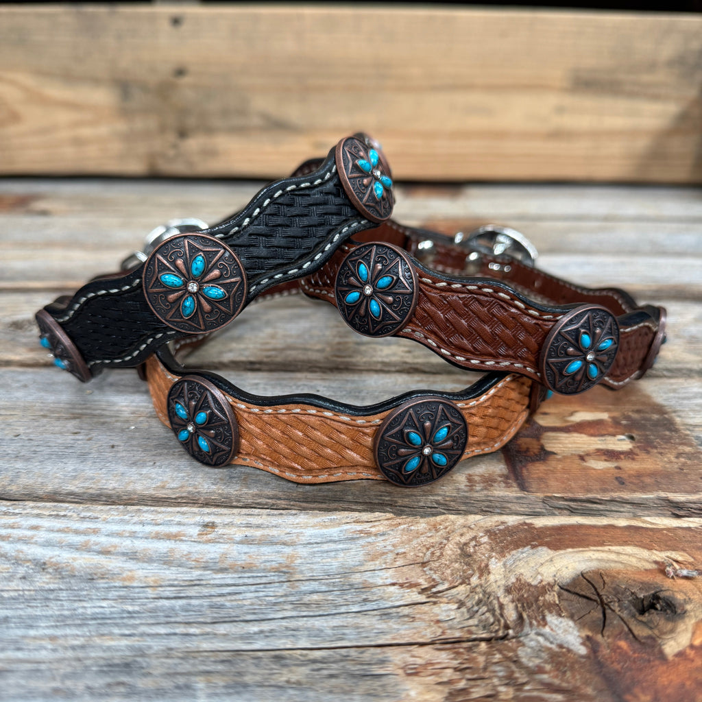 Genuine Leather Dog Collar or Leash with Copper Turquoise & Clear Conchos 10" - 22"|W138|DC78 — view 2