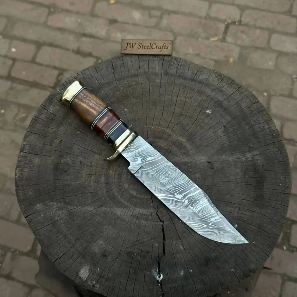 Handmade Damascus Steel Bowie Knife  Stacked Leather Handle with Brass Fittings