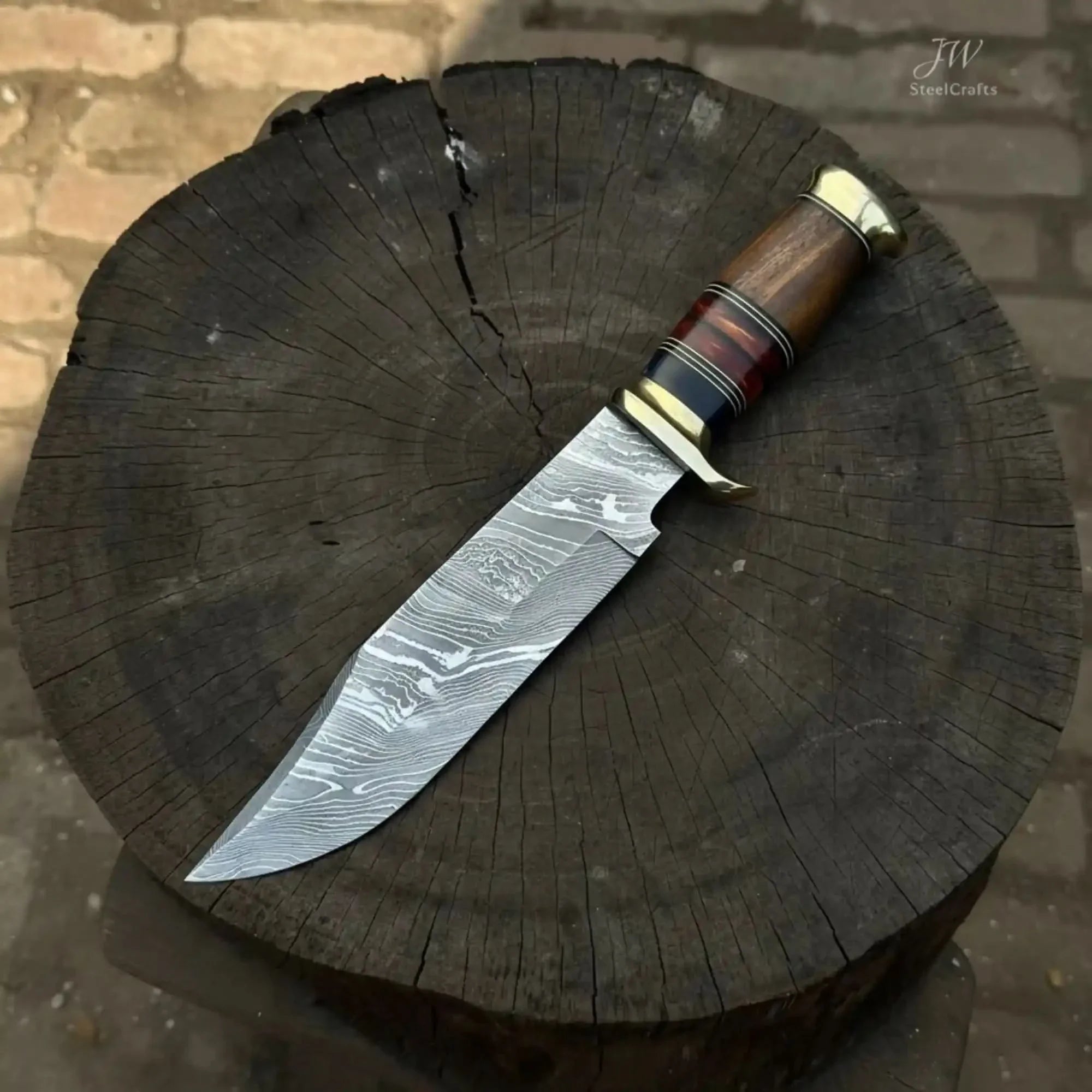 Handmade Damascus Steel Bowie Knife  Stacked Leather Handle with Brass Fittings