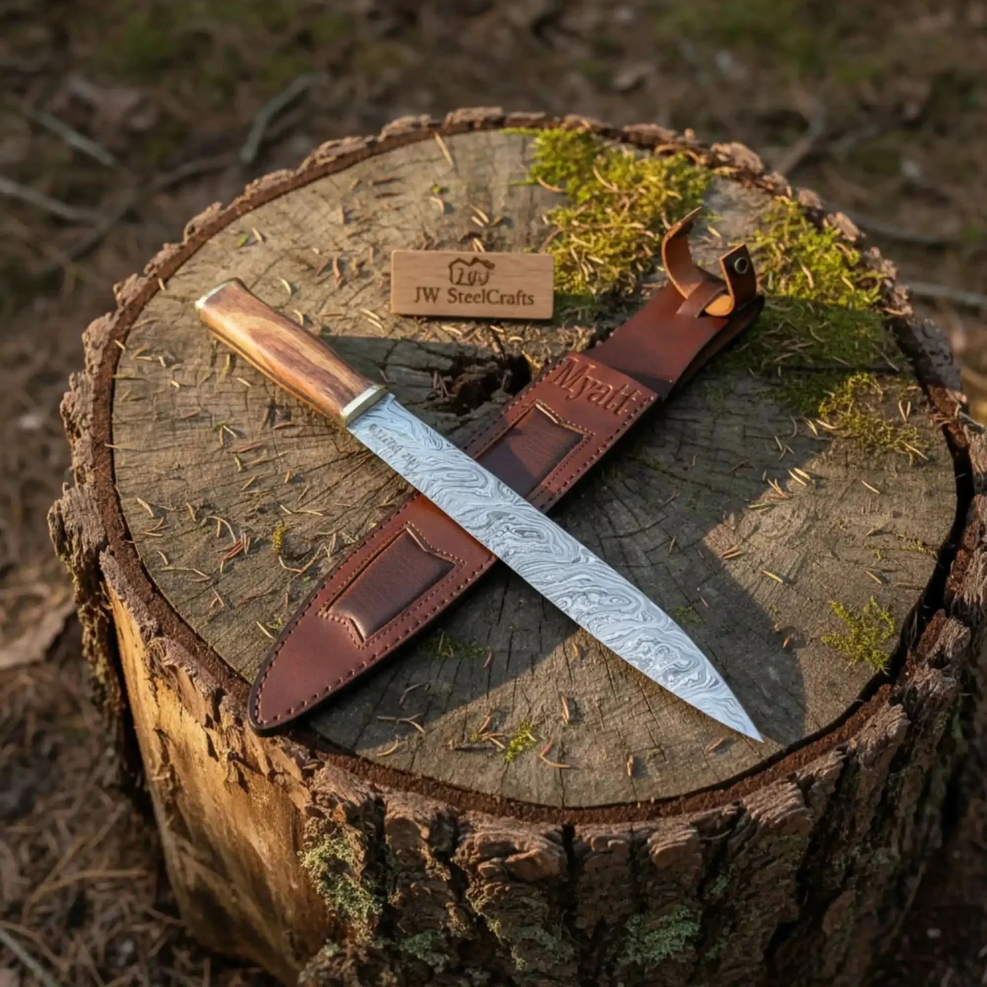 15-Inch Damascus Seax Knife — 10-Inch Wave Pattern Blade, Rosewood Handle