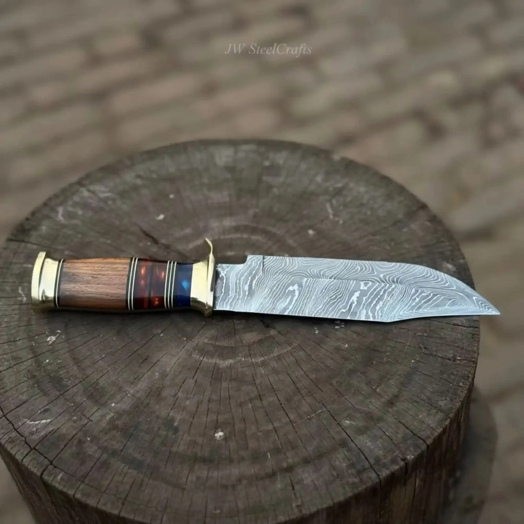 Handmade Damascus Steel Bowie Knife  Stacked Leather Handle with Brass Fittings