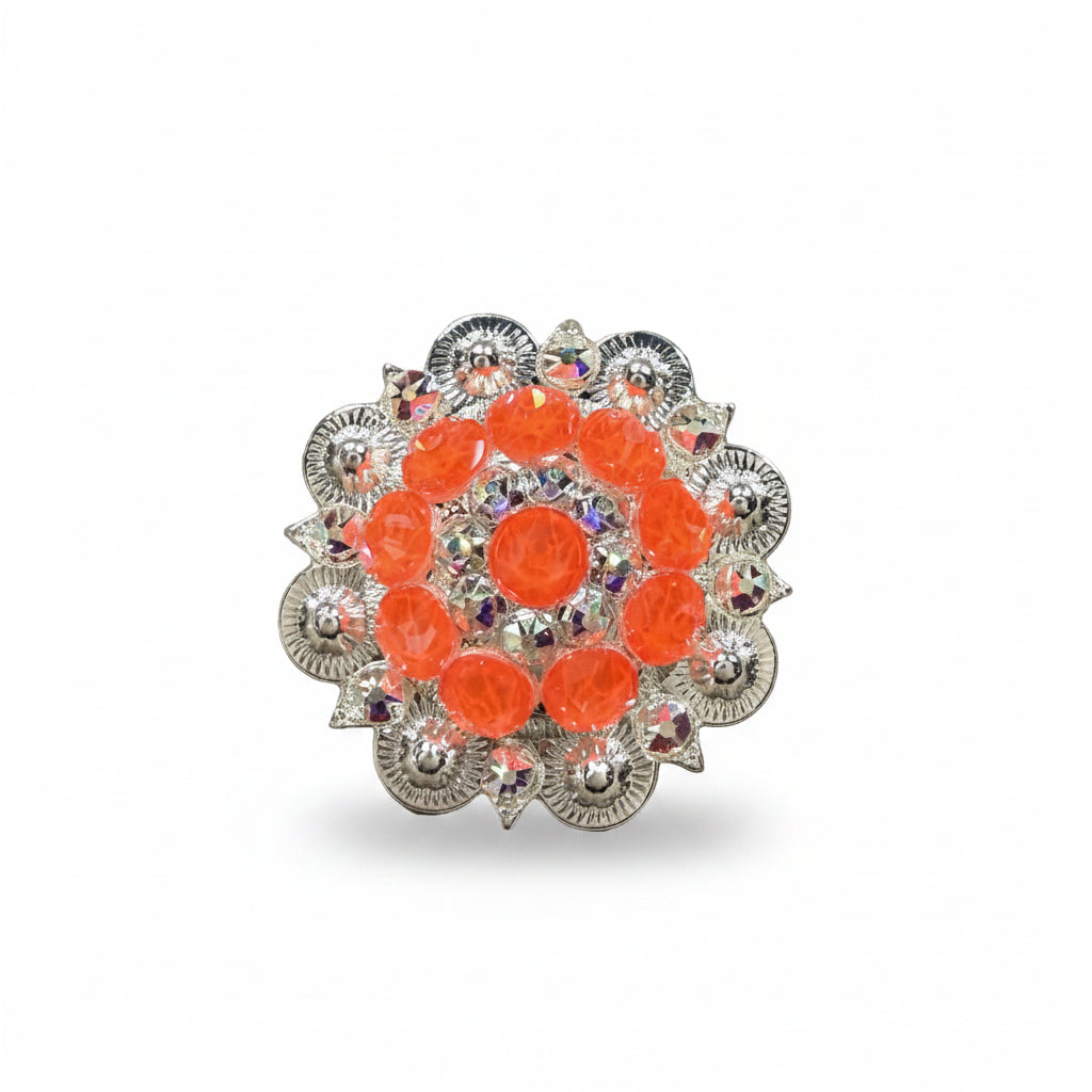 Bright Silver Neon Orange - AB Crystal Conchos | Sizes 1"- 3" | Buckles | Saddle Set | Leather Rosettes | Slide — view 2