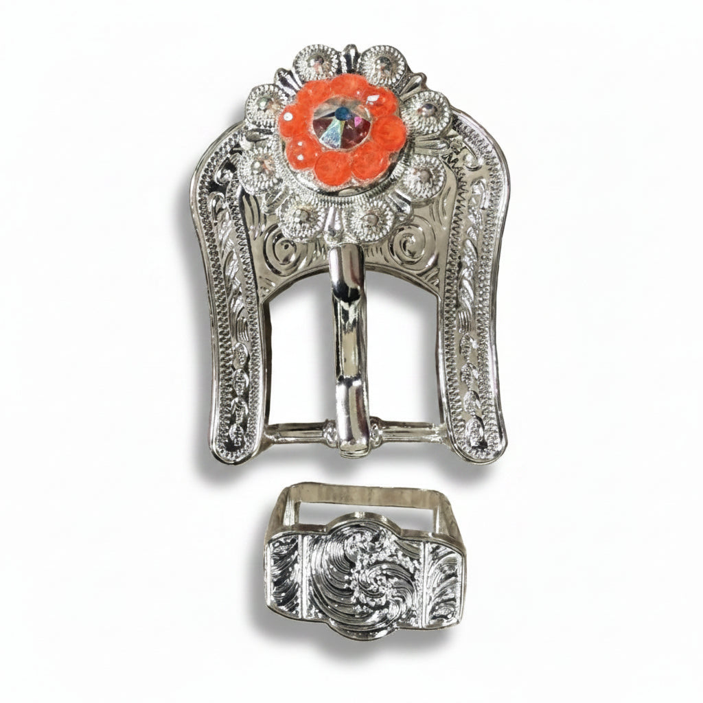 Bright Silver Neon Orange - AB Crystal Conchos | Sizes 1"- 3" | Buckles | Saddle Set | Leather Rosettes | Slide — view 6