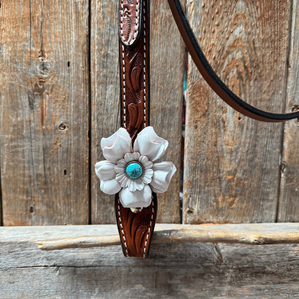 Draft Medium Oil Floral White and Turquoise V-Browband #BB133D — view 2