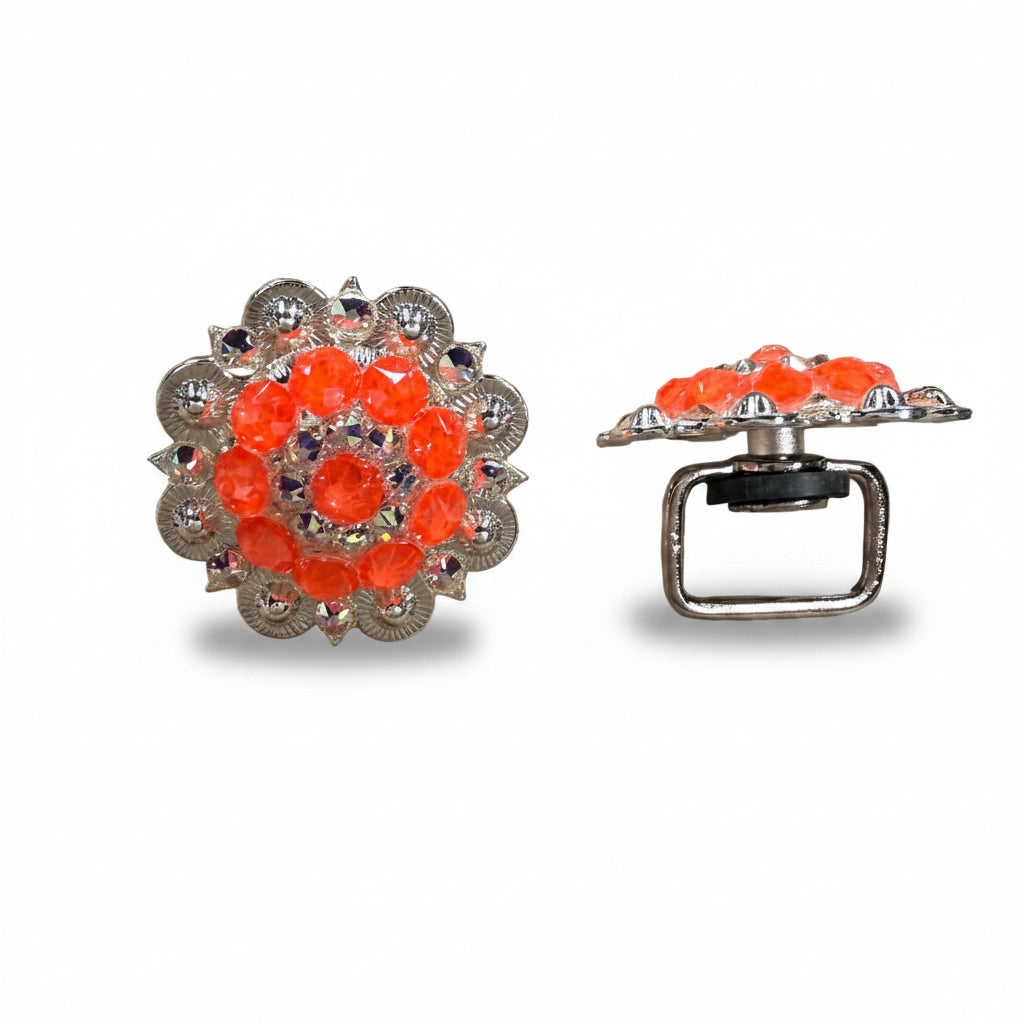 Bright Silver Neon Orange - AB Crystal Conchos | Sizes 1"- 3" | Buckles | Saddle Set | Leather Rosettes | Slide — view 11
