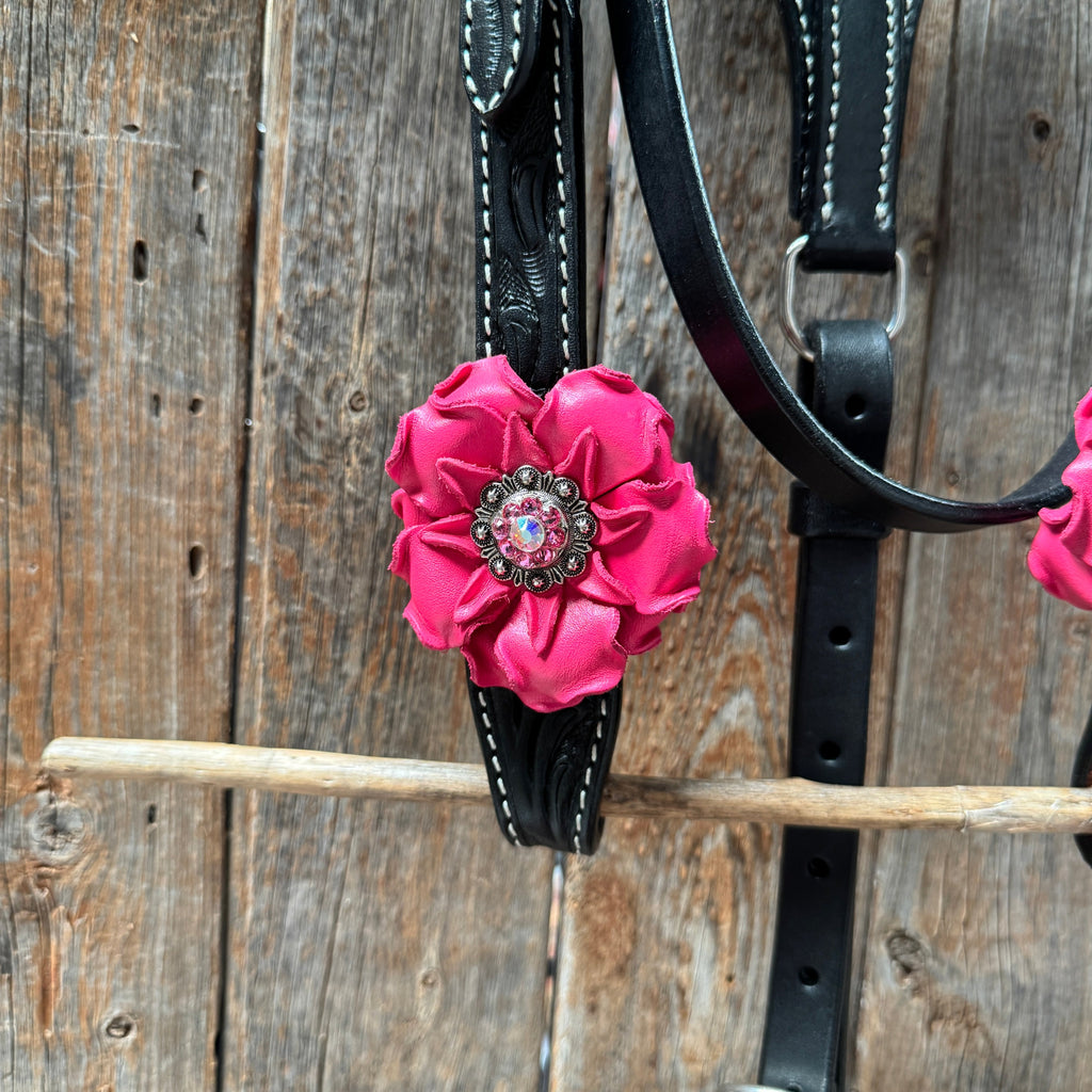 Pony Black Floral Pink Flower V-Browband Tack Set #BBBC668P — view 2