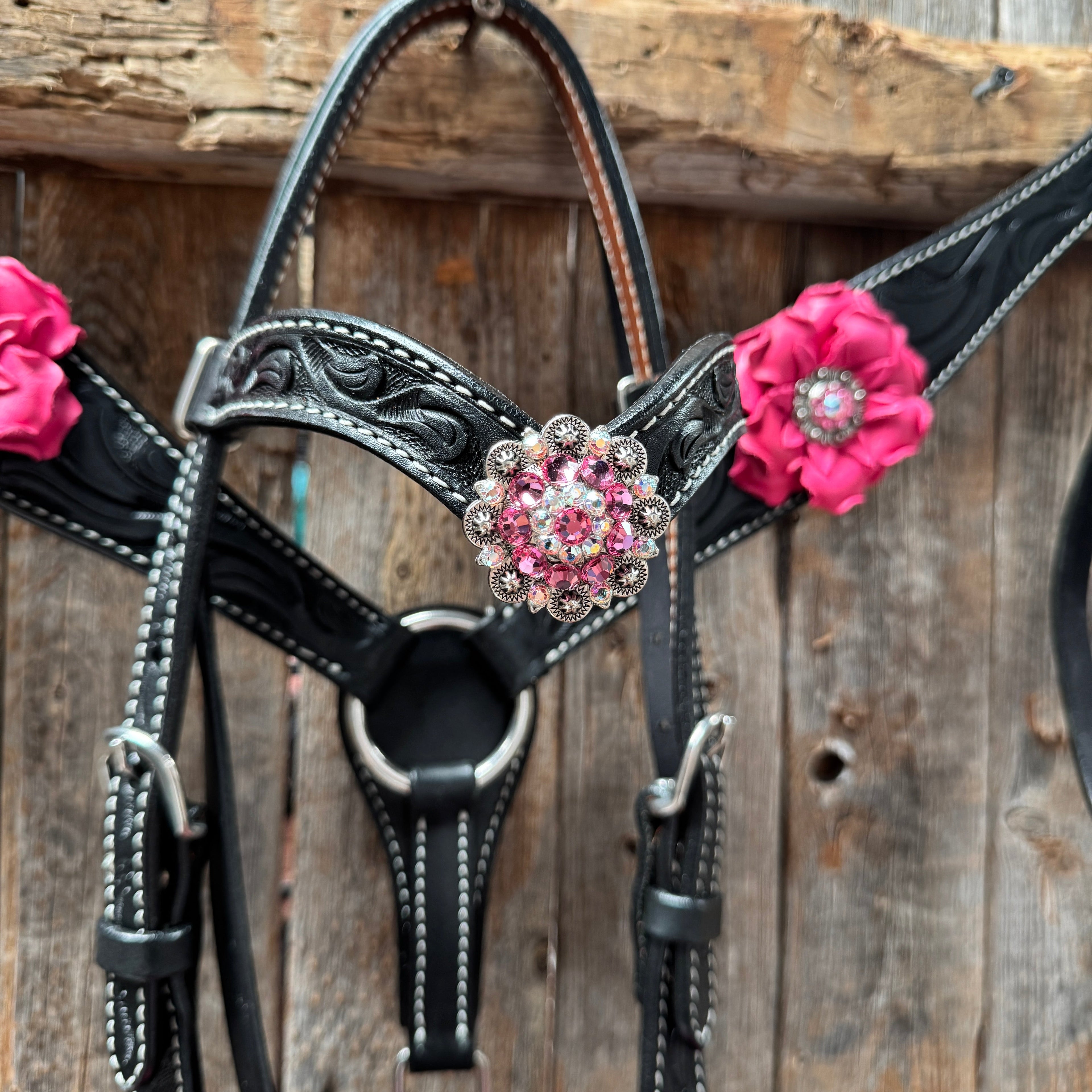 Pony Black Floral Pink Flower V-Browband Tack Set #BBBC668P — view 3
