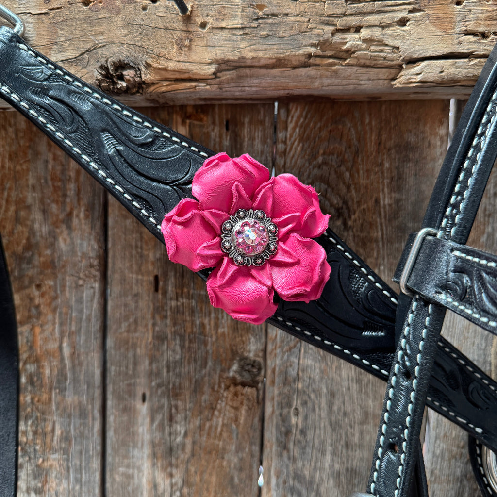 Pony Black Floral Pink Flower V-Browband Tack Set #BBBC668P — view 4