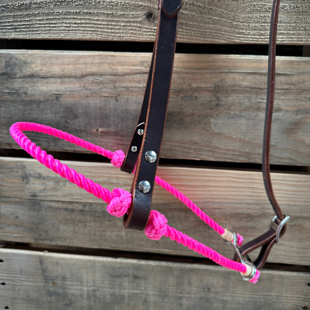 Neon Pink Single Rope Noseband Lariat with Leather Hanger #HAN100 — view 2