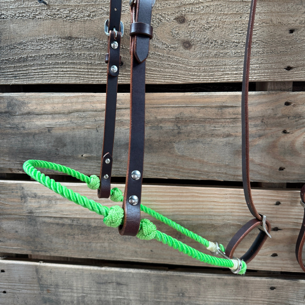 Neon Green Single Rope Noseband Lariat with Leather Hanger #HAN108 — view 2