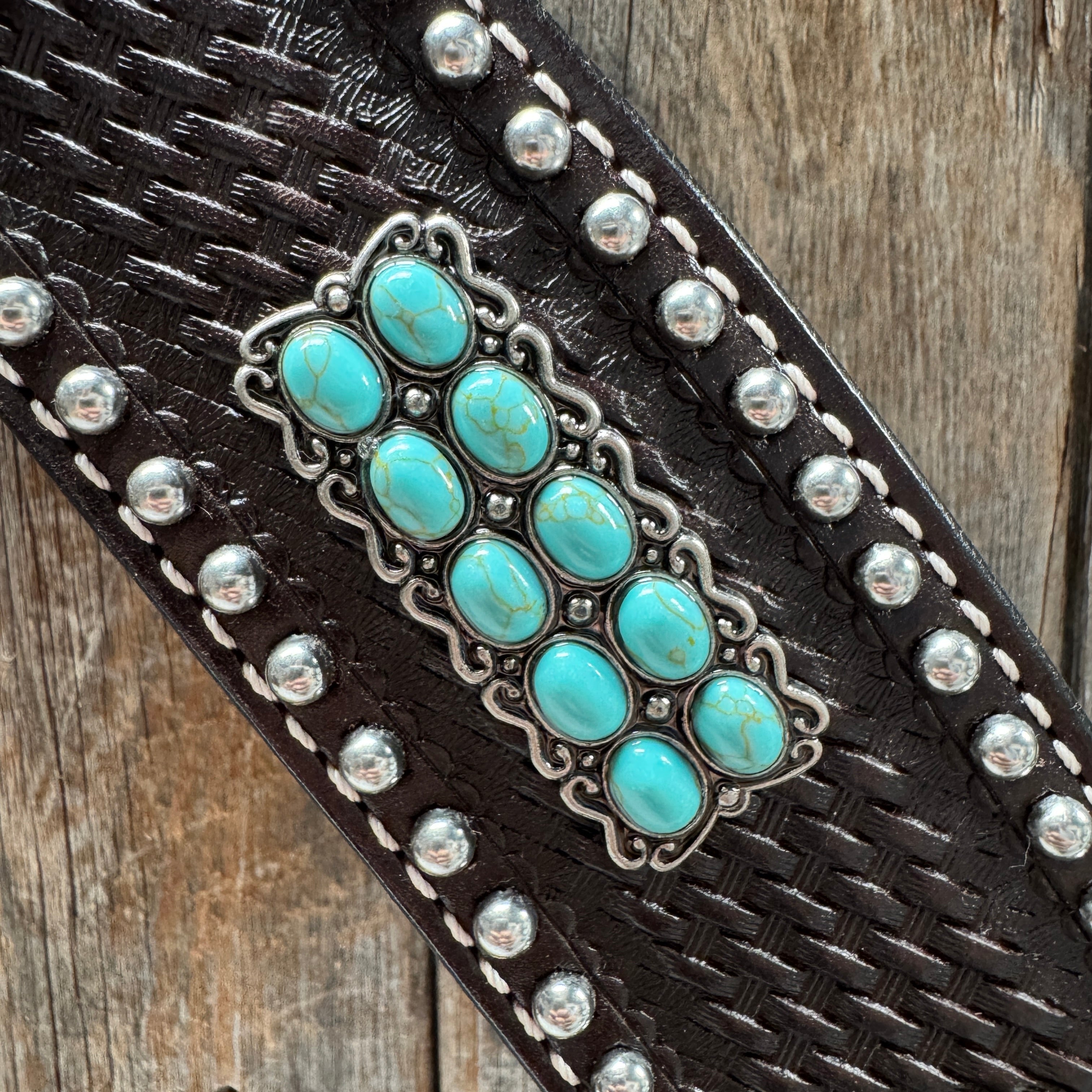 Dark Oil Silver Dot Antique Silver Turquoise Browband | One Ear Tack Set #BBBC500 — view 11
