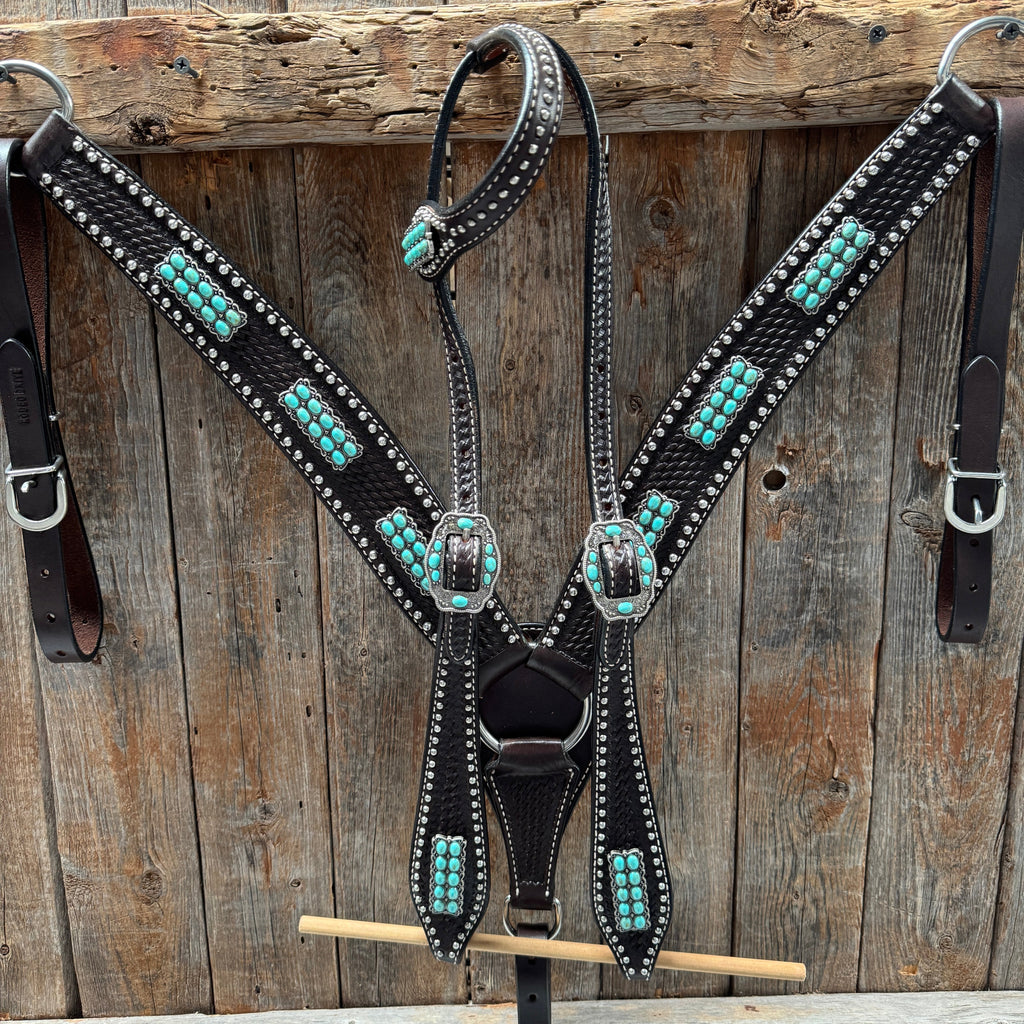 Dark Oil Silver Dot Antique Silver Turquoise Browband | One Ear Tack Set #BBBC500 — view 2
