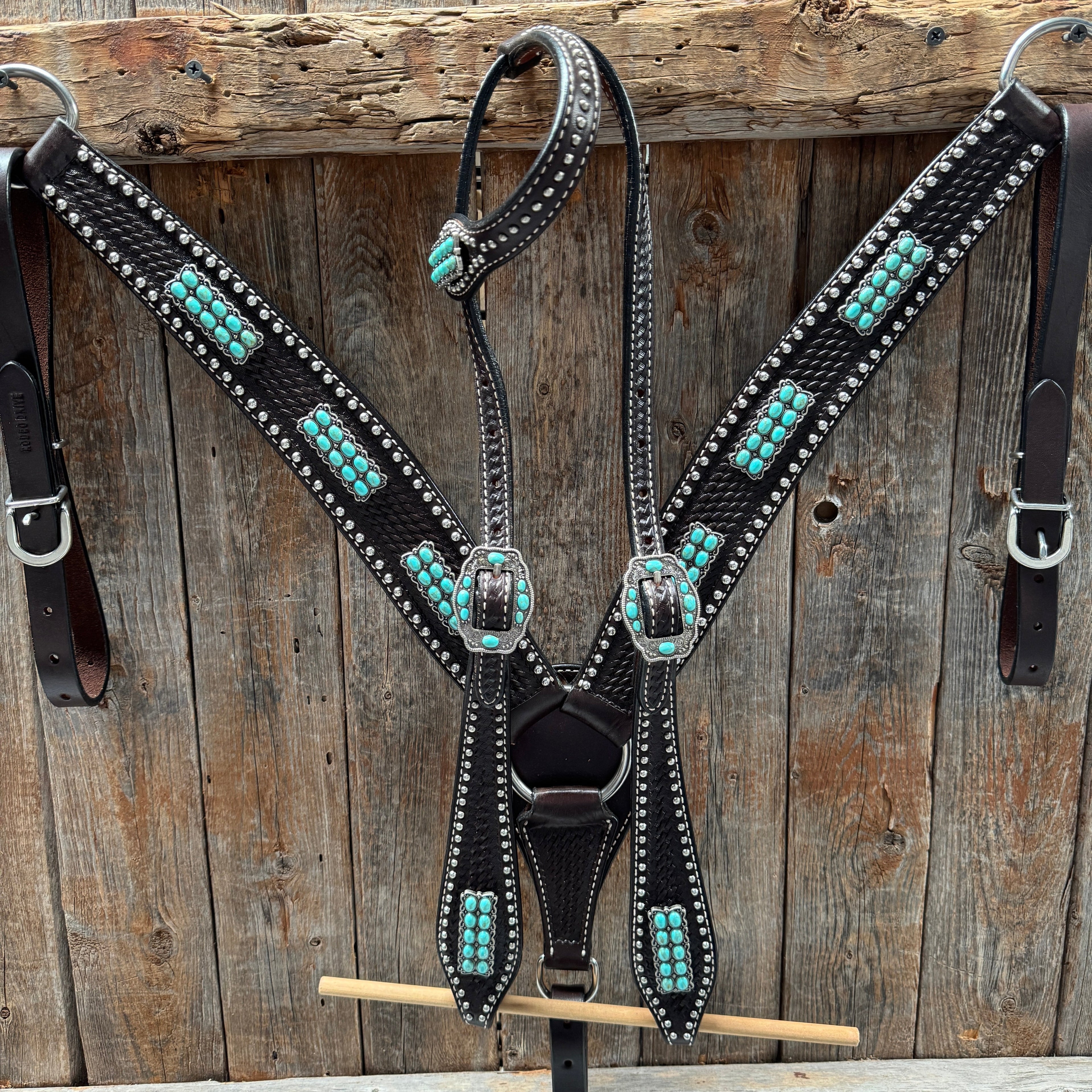Dark Oil Silver Dot Antique Silver Turquoise Browband | One Ear Tack Set #BBBC500 — view 2