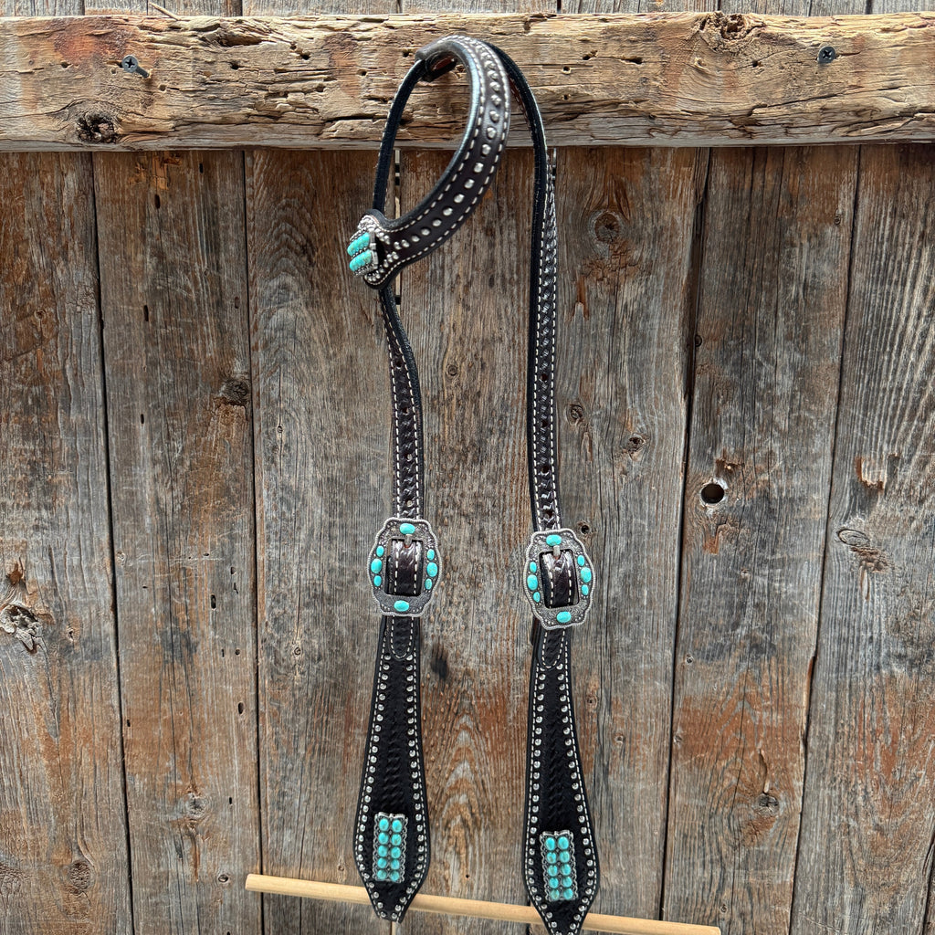 Dark Oil Silver Dot Antique Silver Turquoise Browband | One Ear Tack Set #BBBC500 — view 4